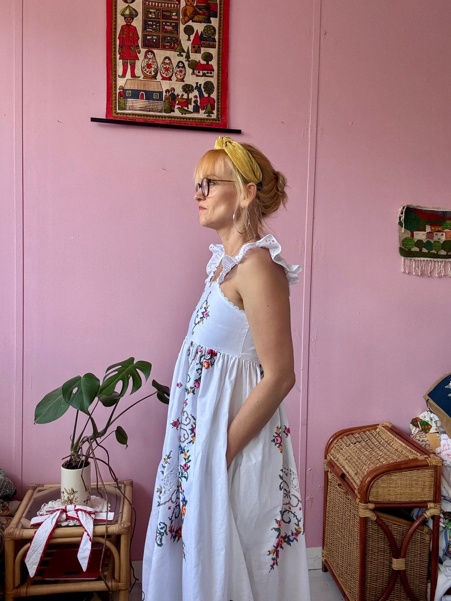 Maxi dress with hand embroidery and elasticated lace straps