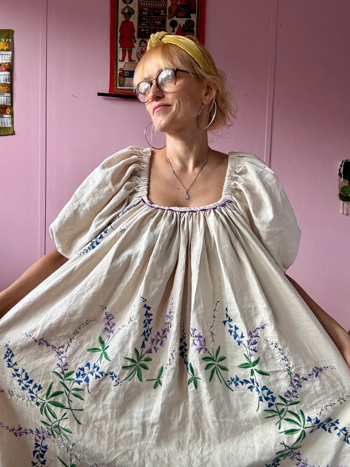 Cream linen maxi dress with purple flowers and ric rac