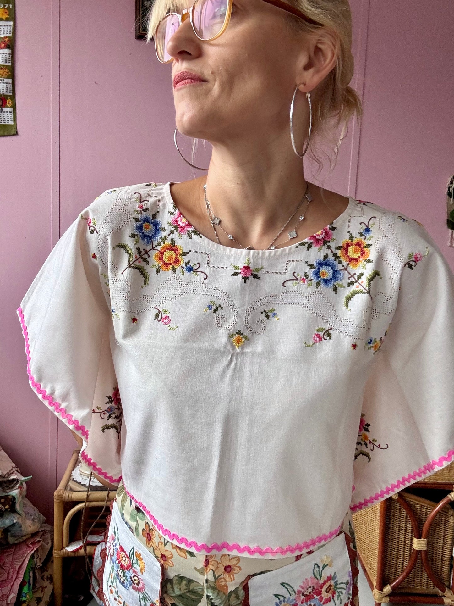 Cross stitch and pink ric rac basic top