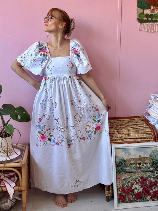 White maxi dress with appliqué,embroidery and lace panels