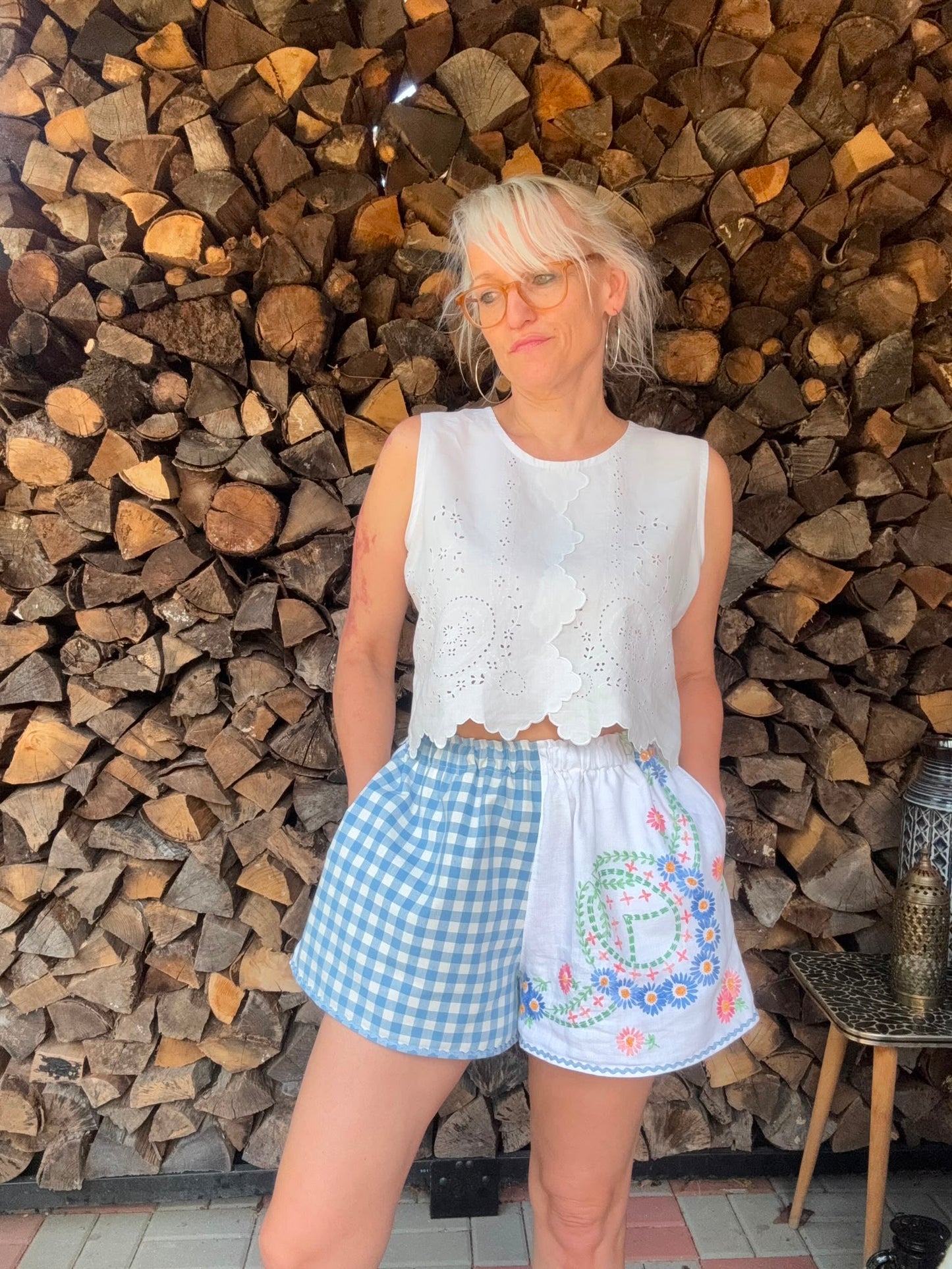 Blue gingham and embroidery shorts