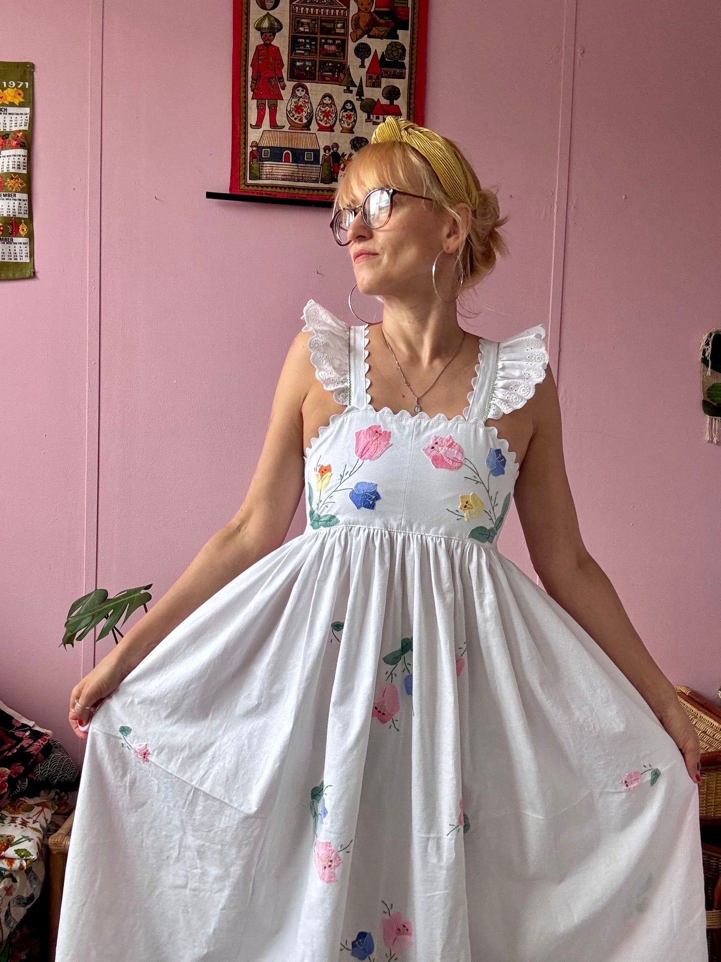 Floral maxi dress made from 2 vintage tablecloths