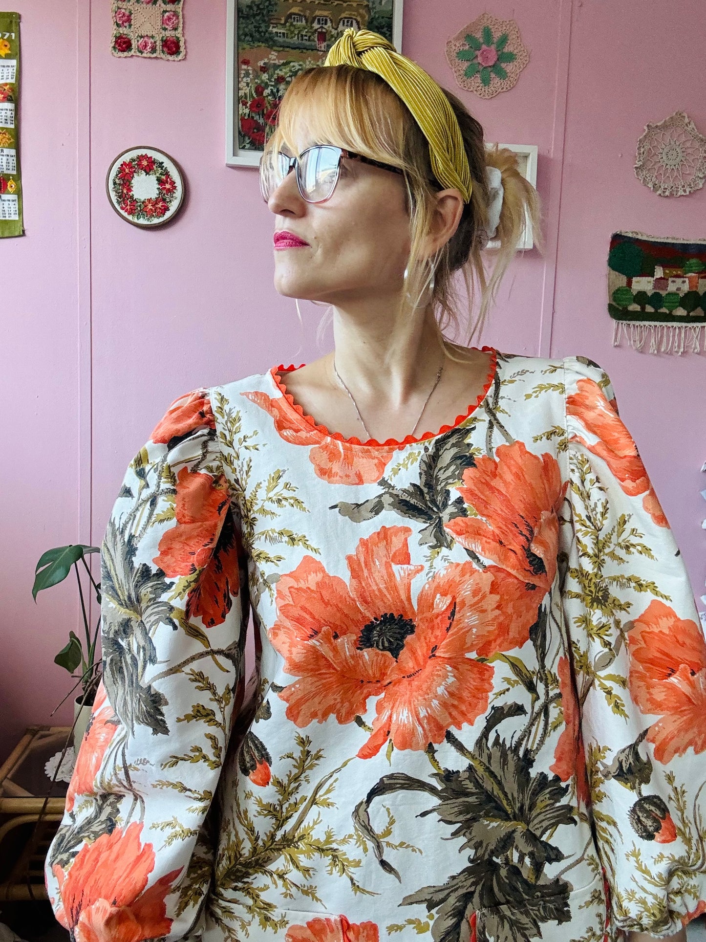 Orange poppies mini dress with long sleeves