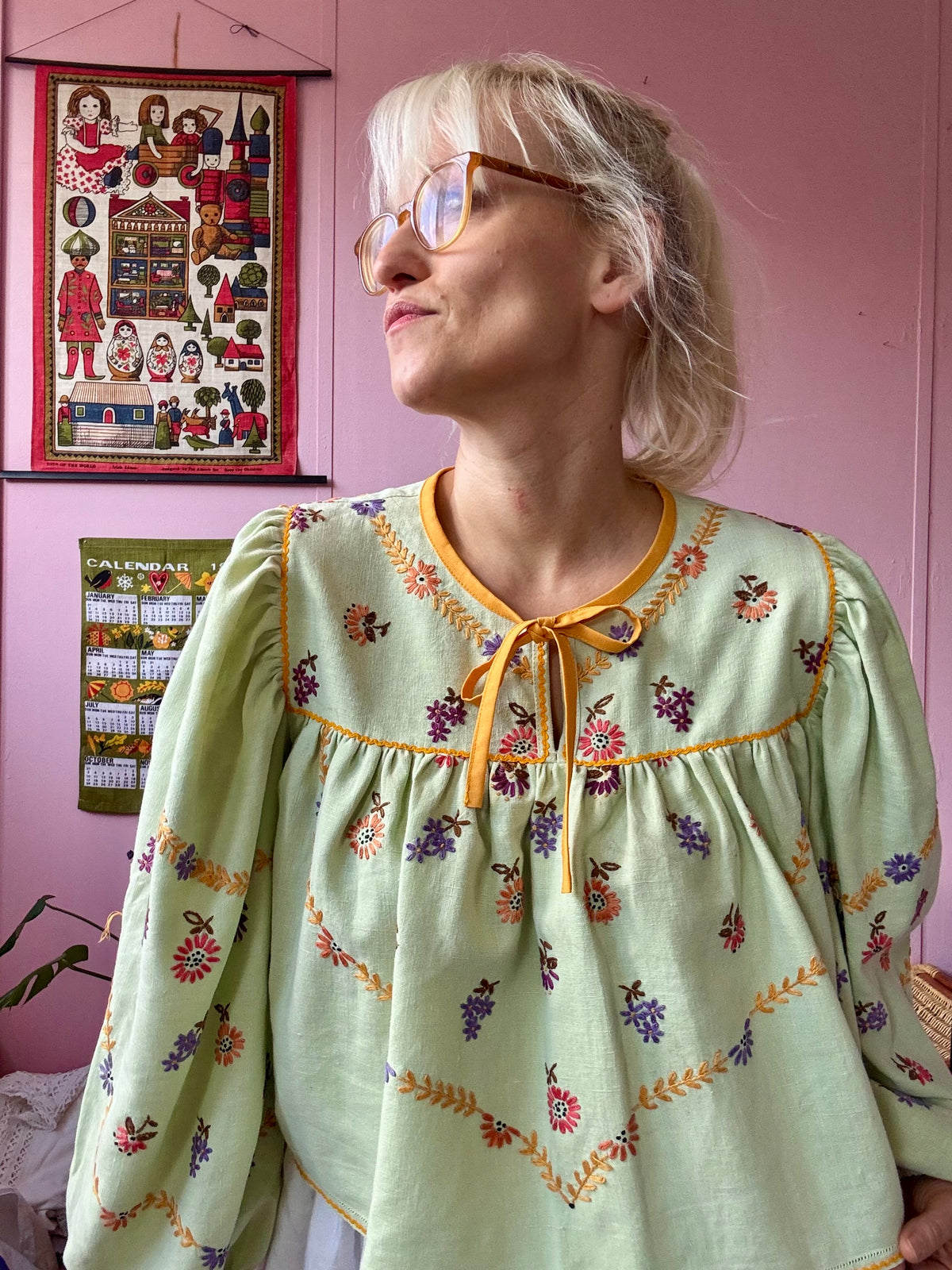 Green blouse with mustard yellow details