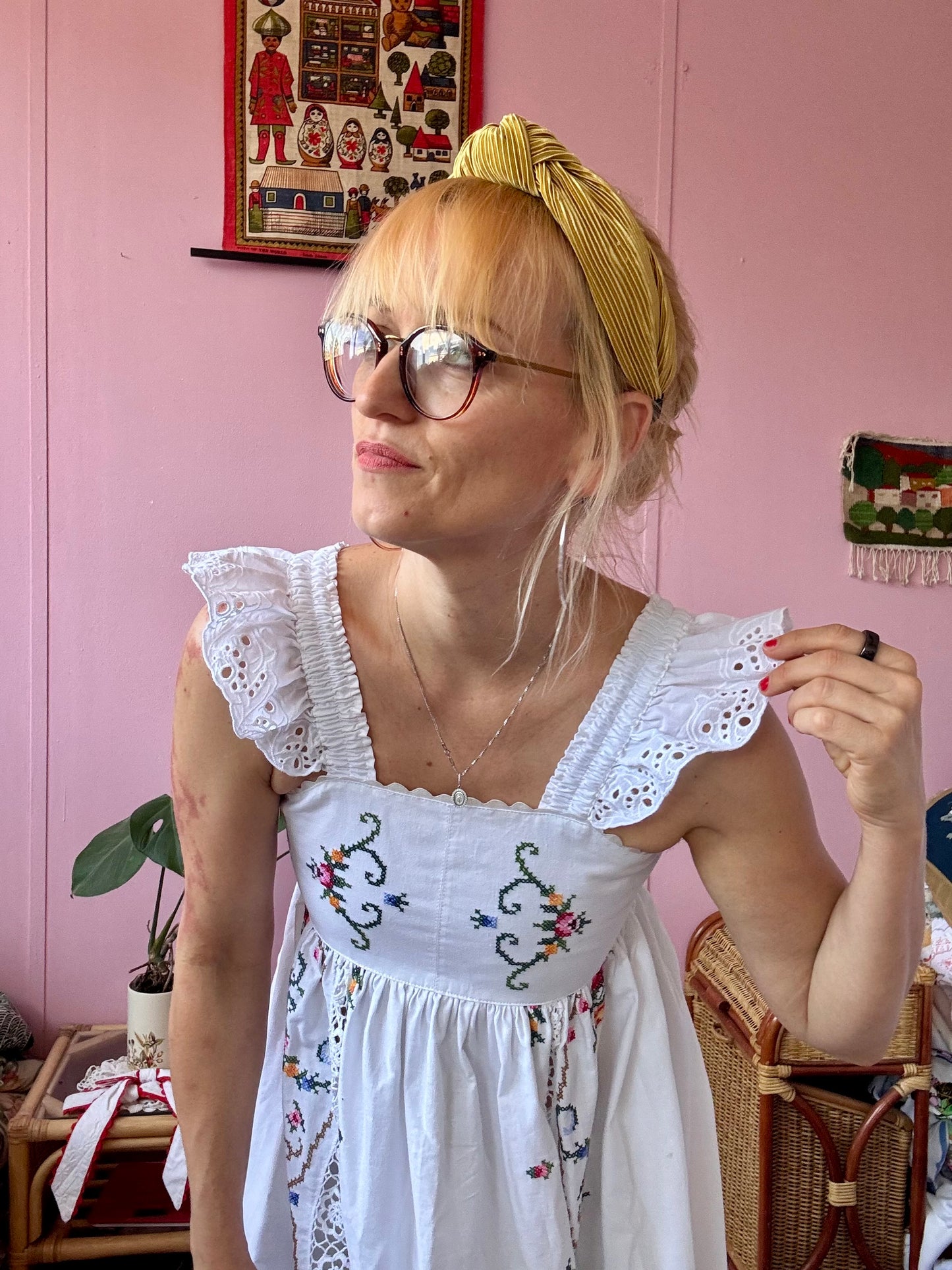 Maxi dress with hand embroidery and elasticated lace straps