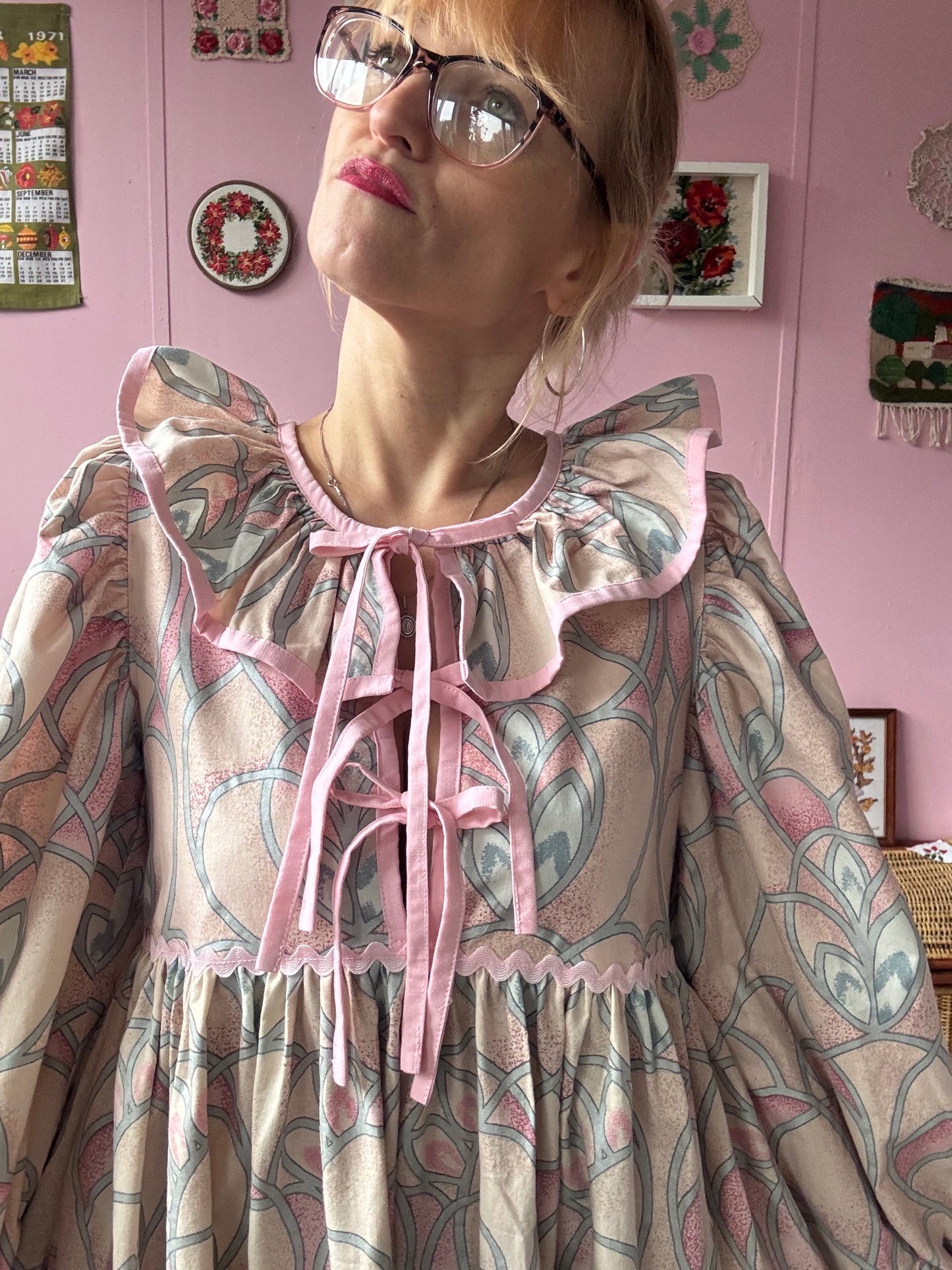 Peach/pink and silver maxi dress with long sleeves