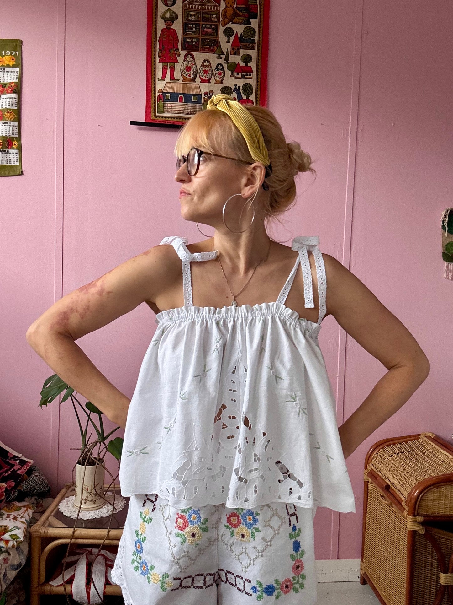 Summer top with embroidery and lace straps