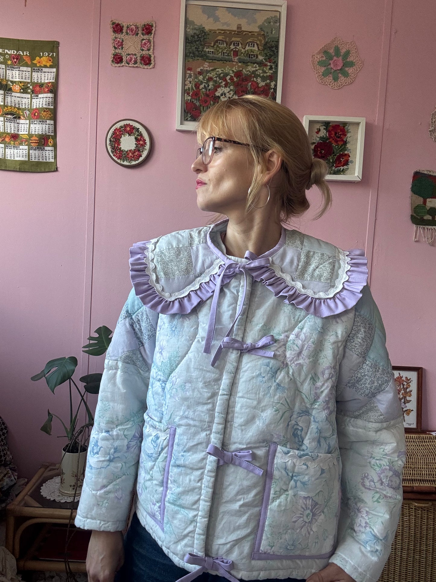 Light pastel patchwork jacket with lilac trims