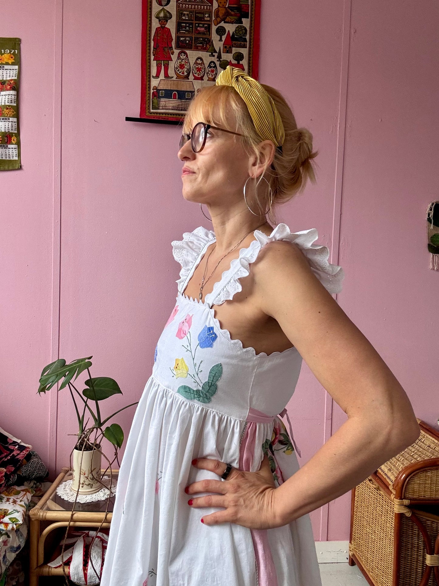 Floral maxi dress made from 2 vintage tablecloths
