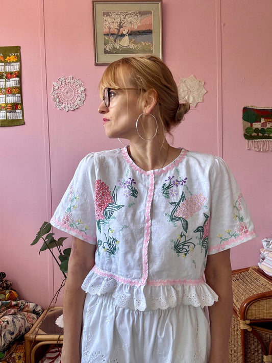 Floral blouse with pink ric rac
