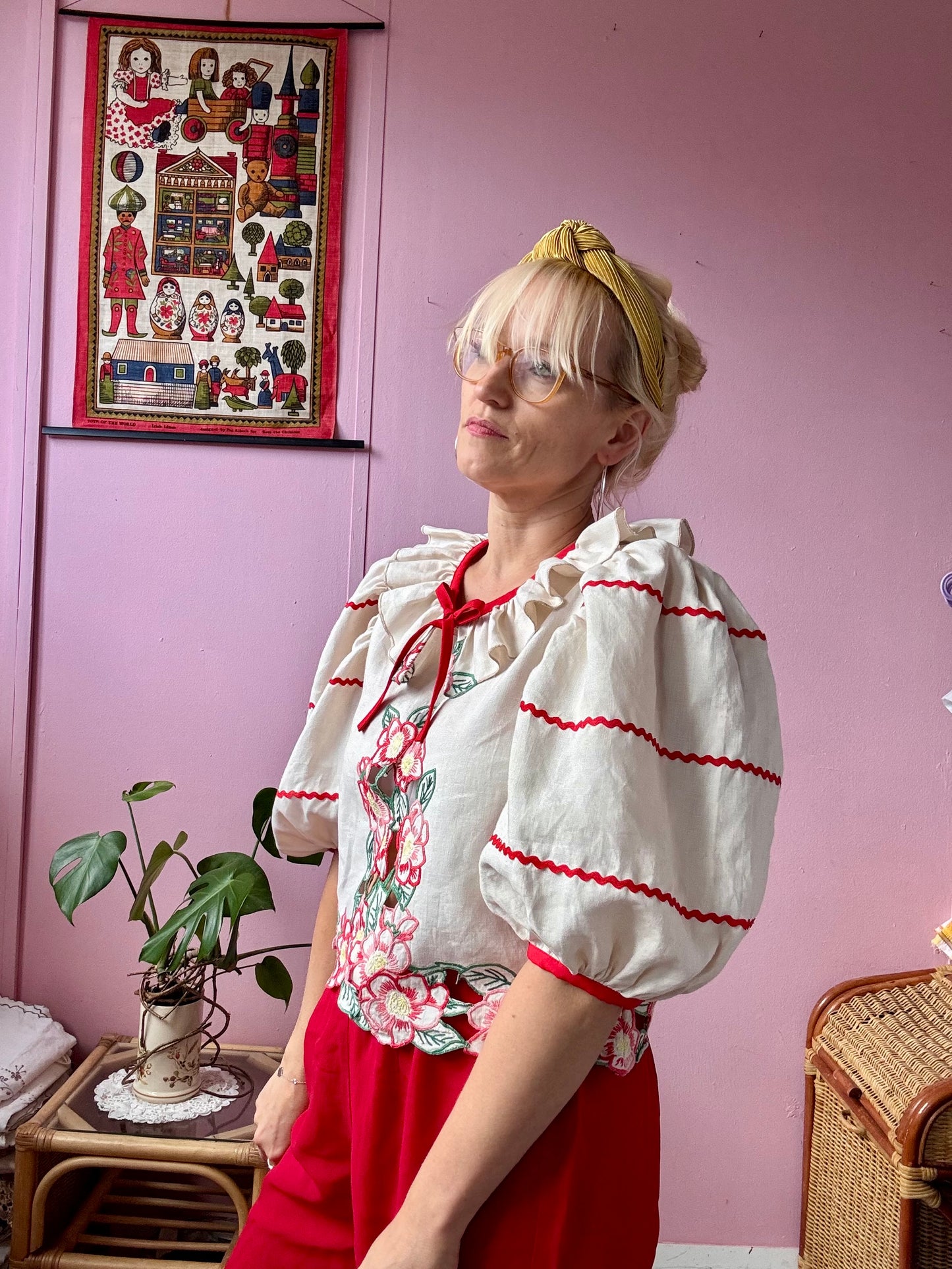Beige blouse with red flowers and ric rac