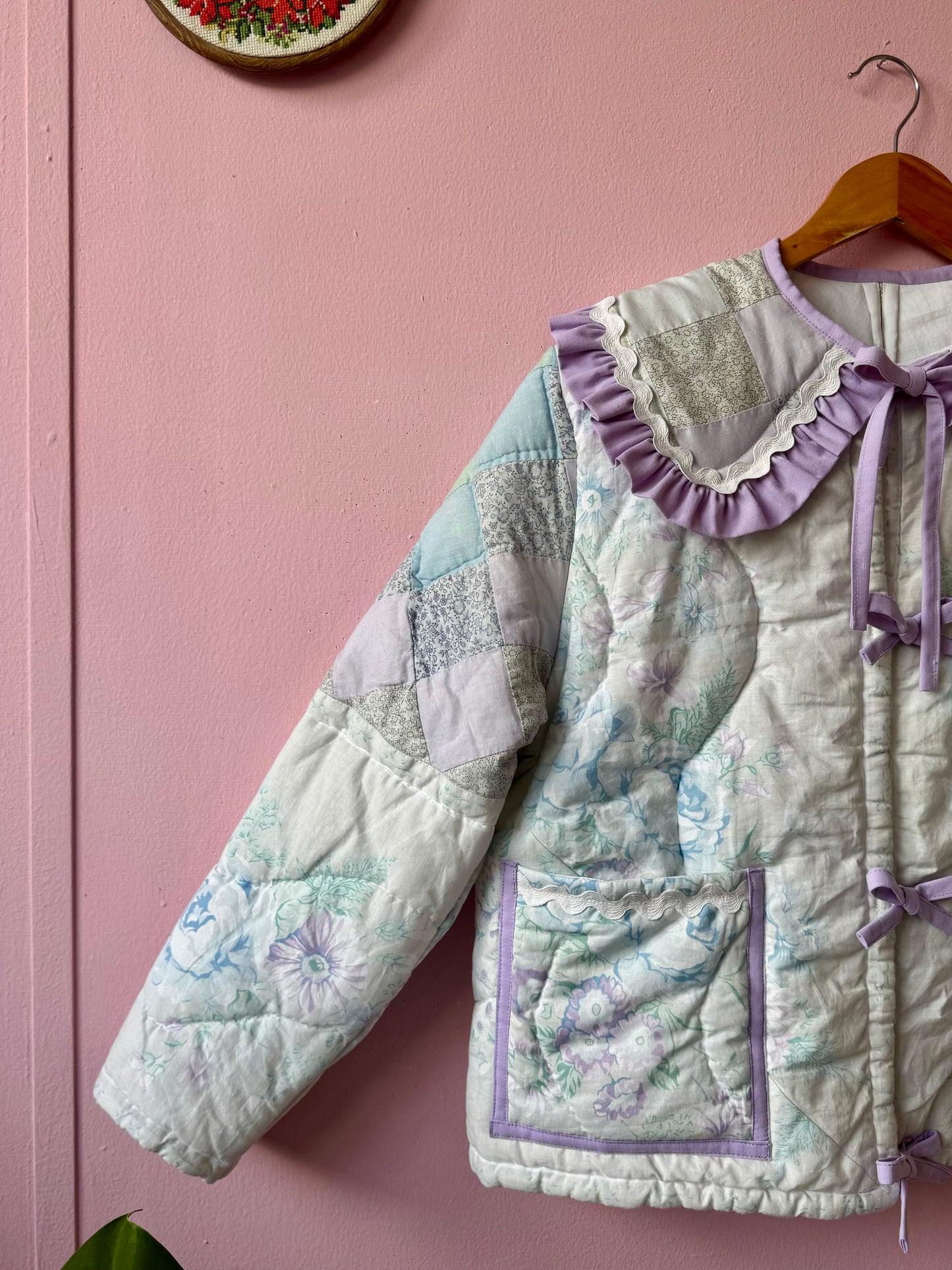 Light pastel patchwork jacket with lilac trims