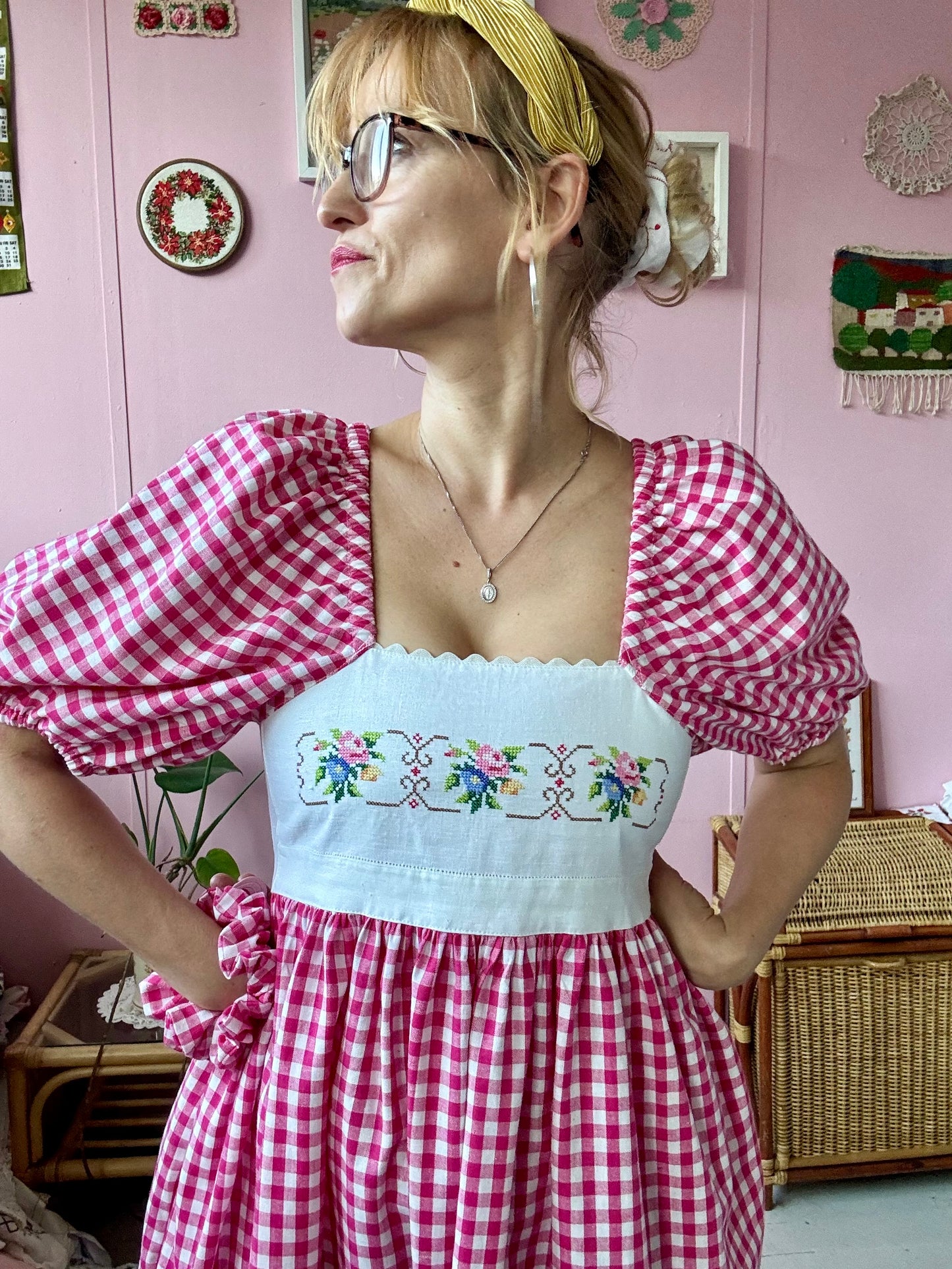 Pink gingham and embroidery dress