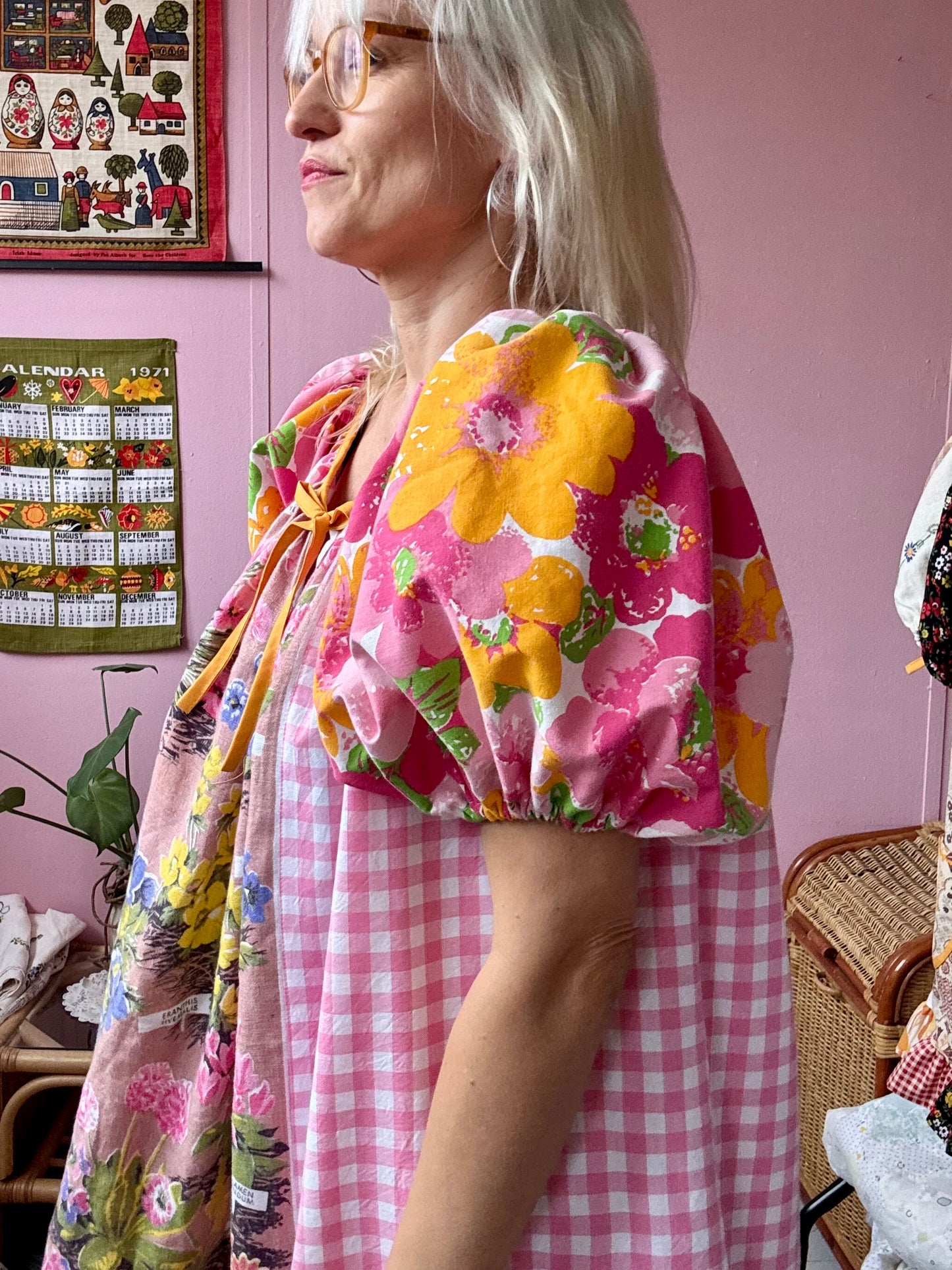 Alpine flowers teatowel and gingham dress