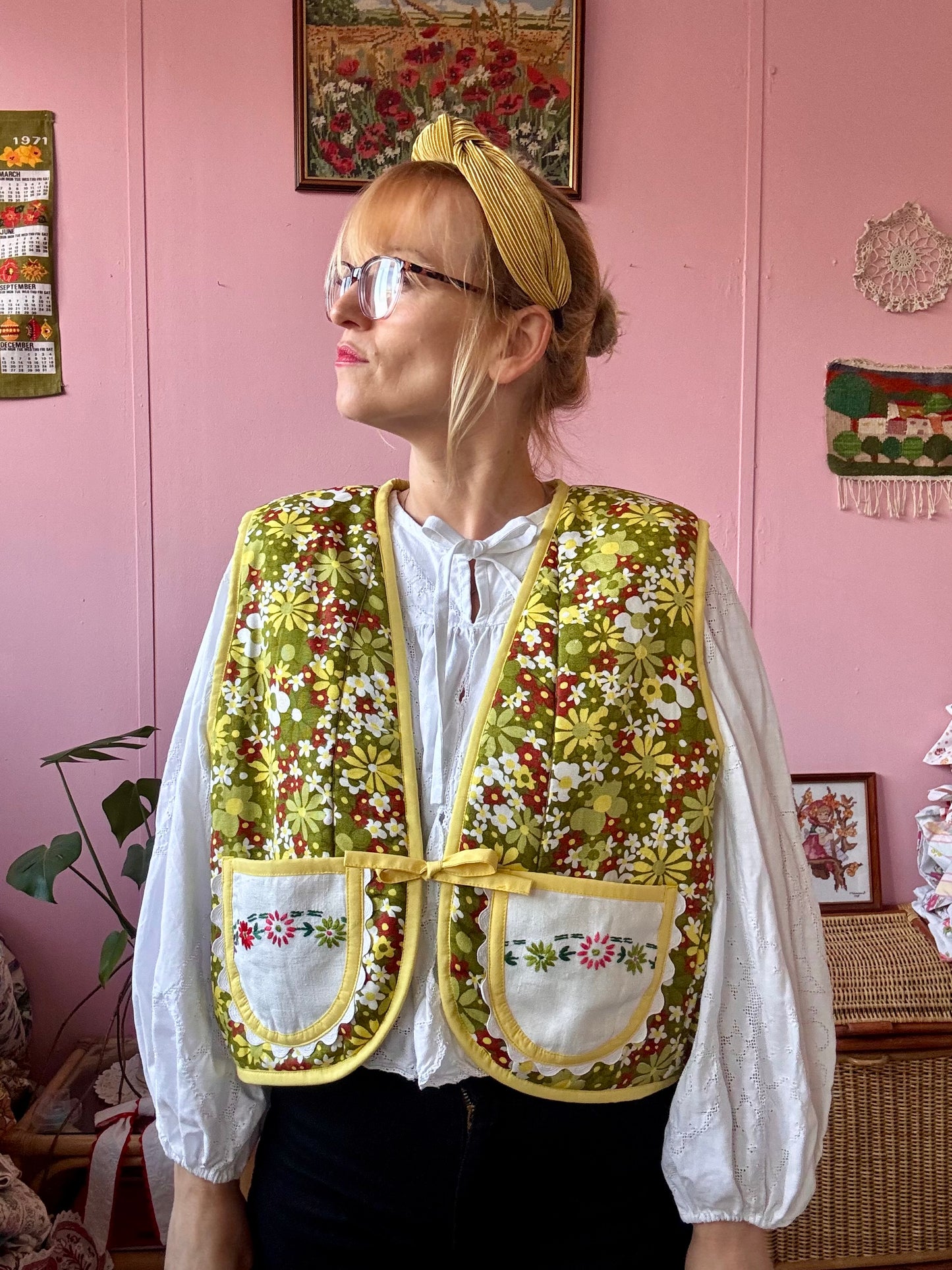 Green floral vest with pockets