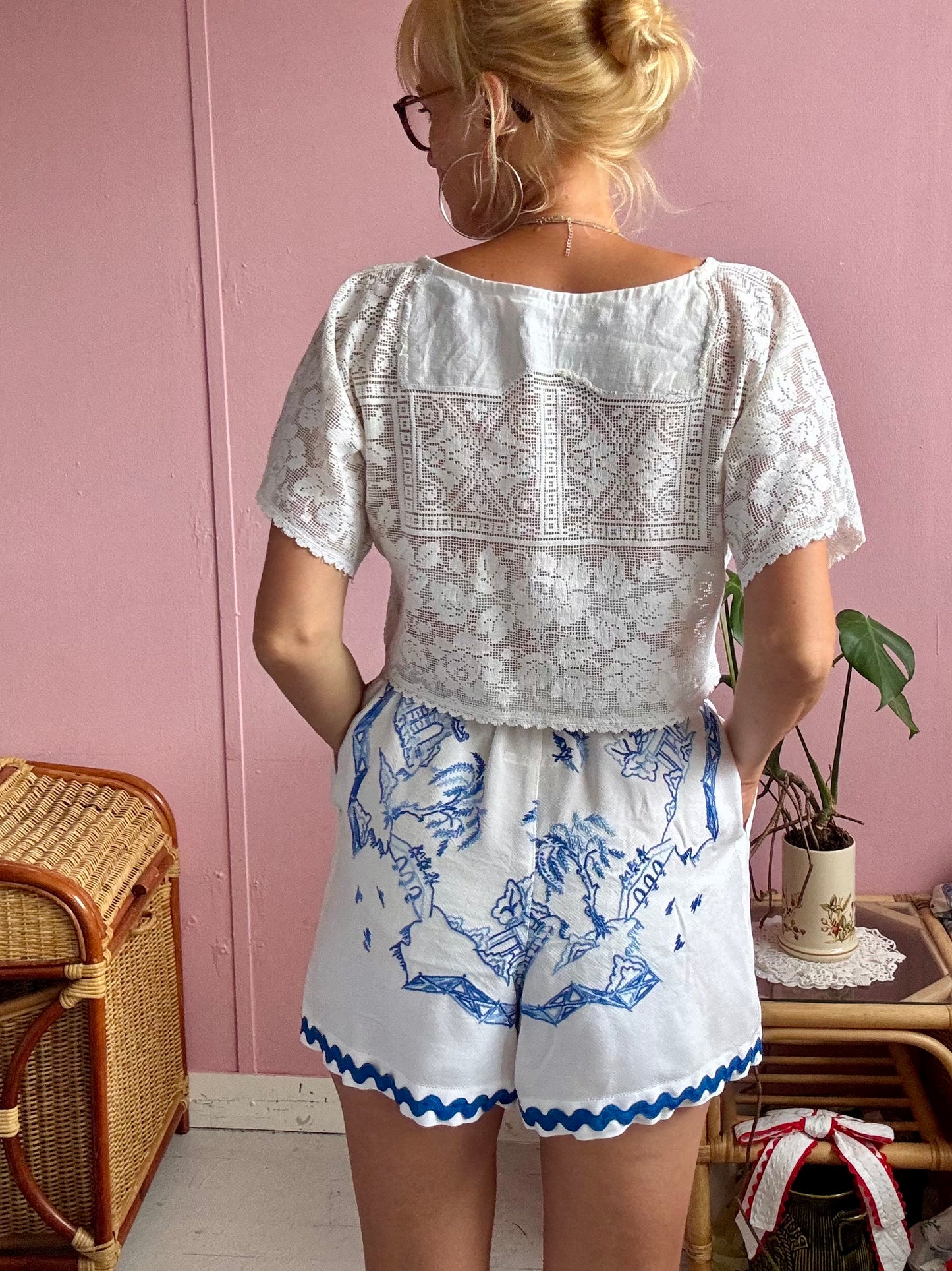 White shorts with blue embroidery and blue ric rac