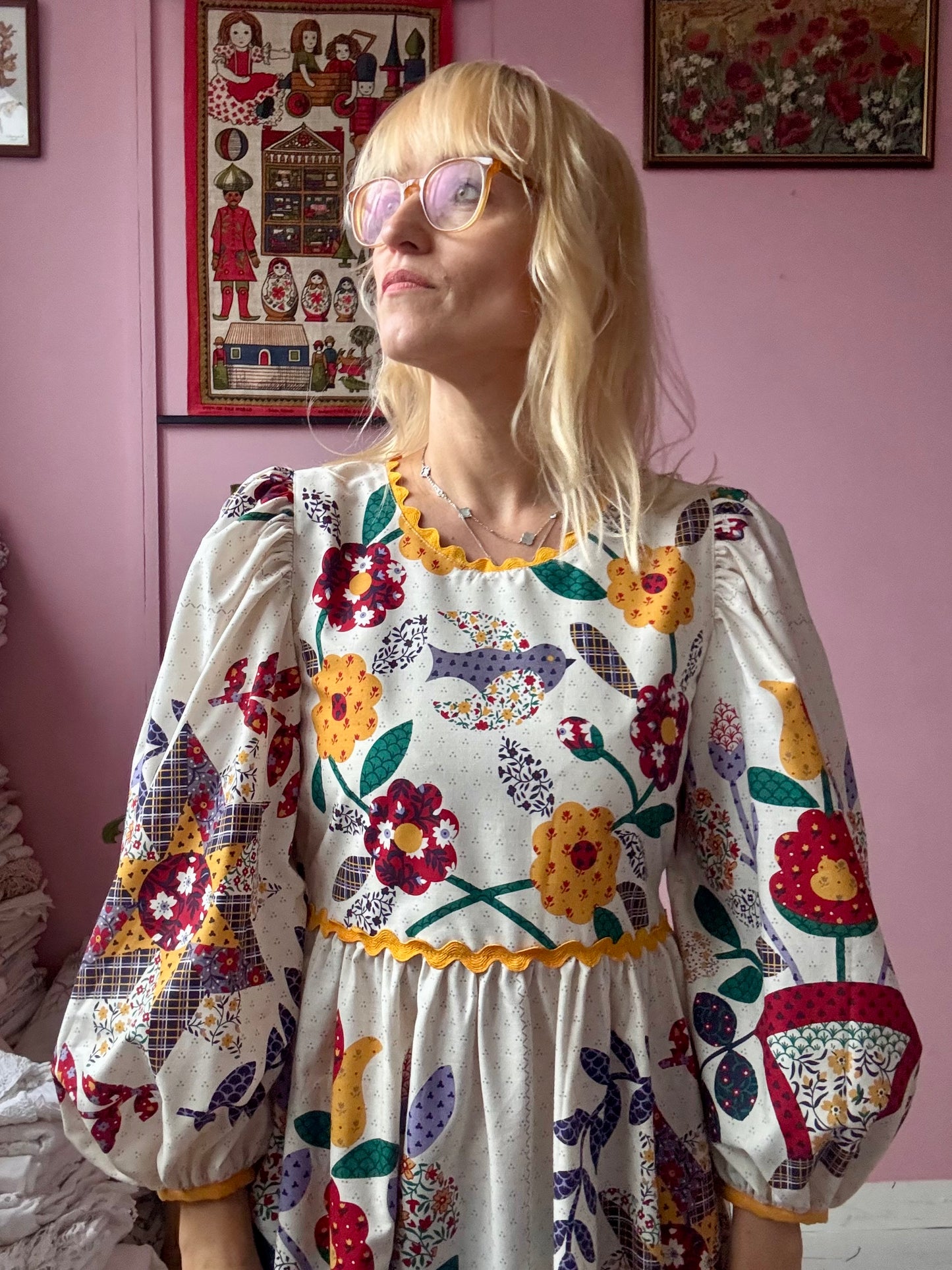 Floral dress with yellow ric rac and detachable collar