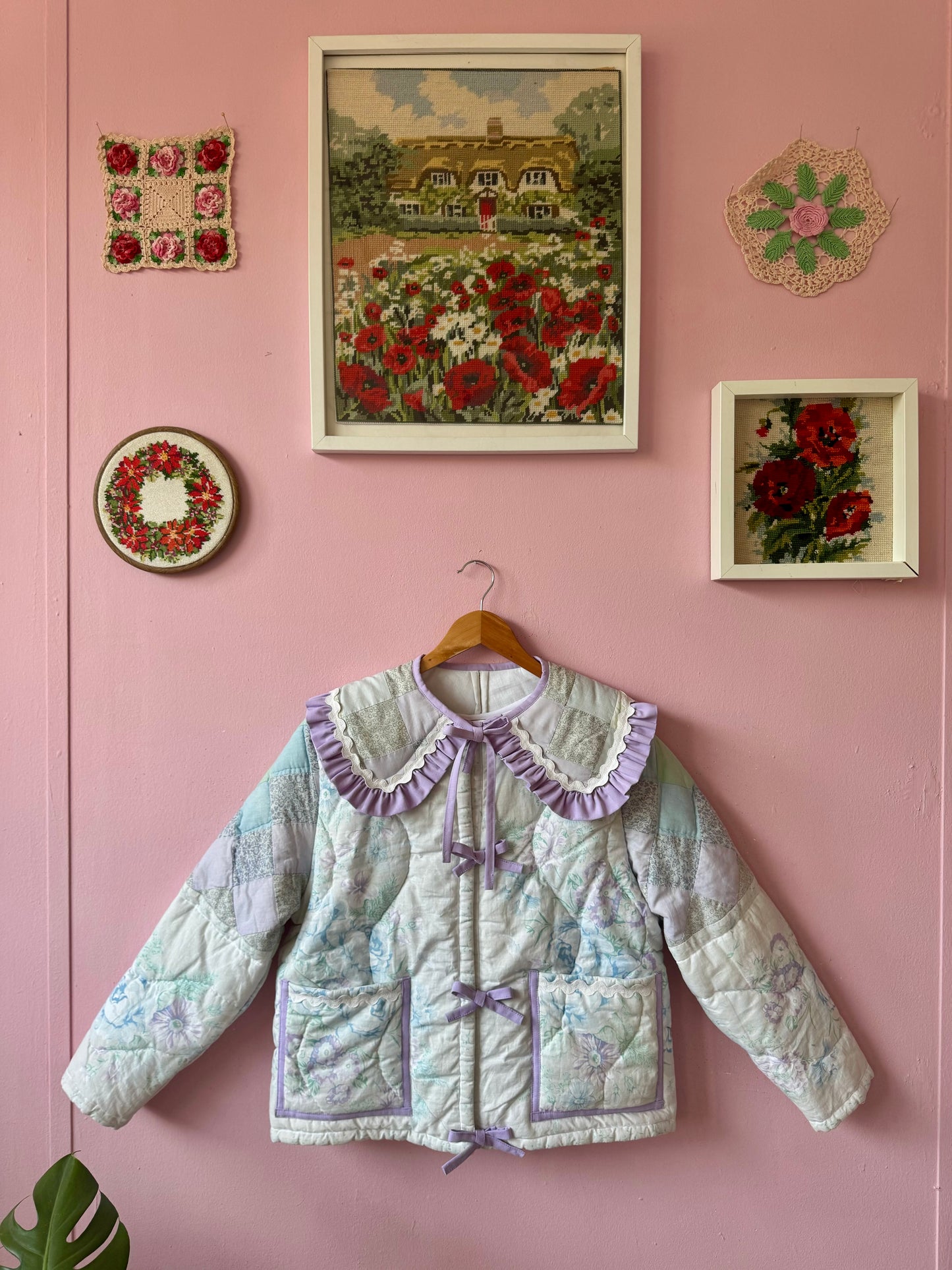 Light pastel patchwork jacket with lilac trims