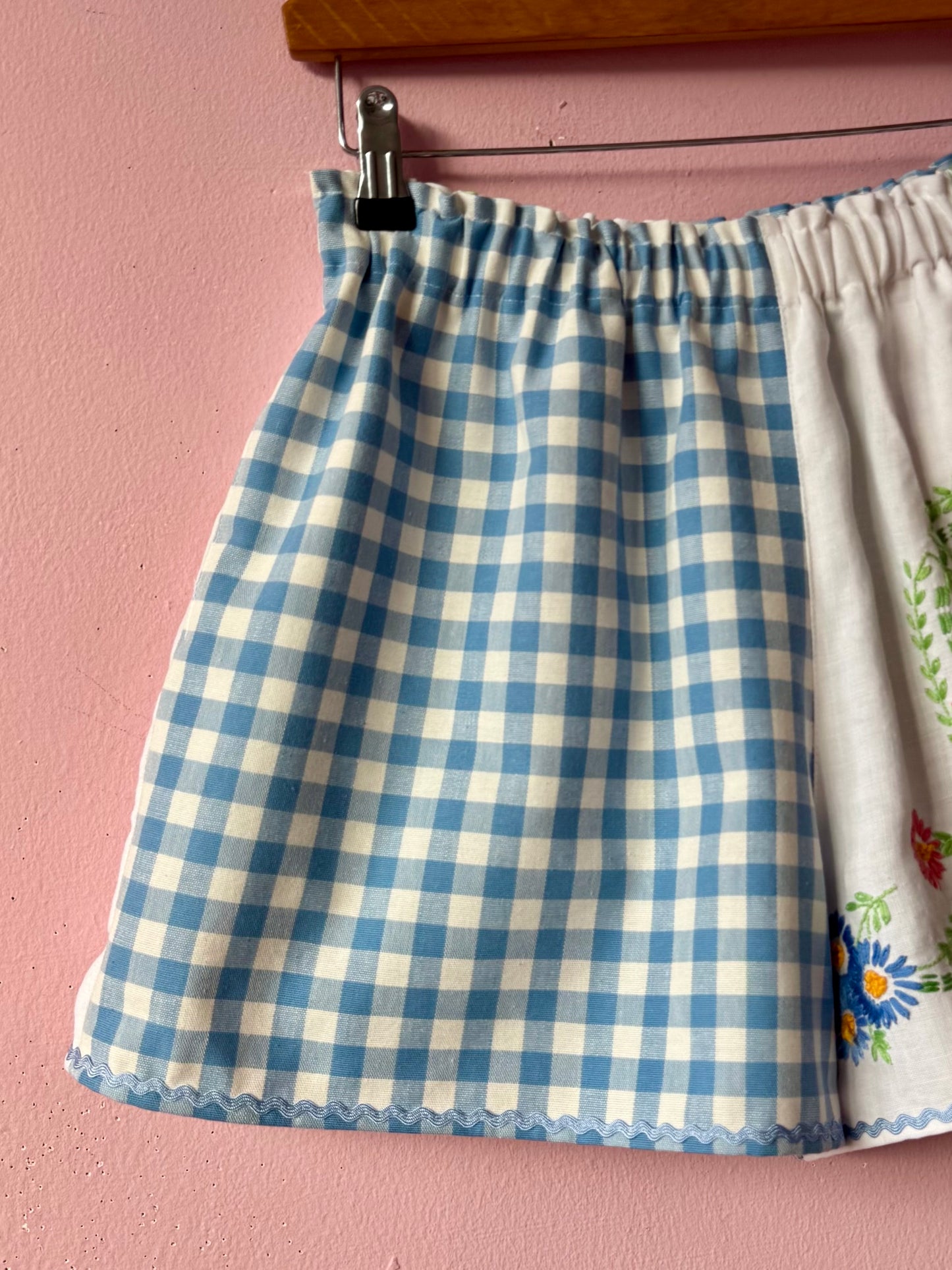 Blue gingham and embroidery shorts