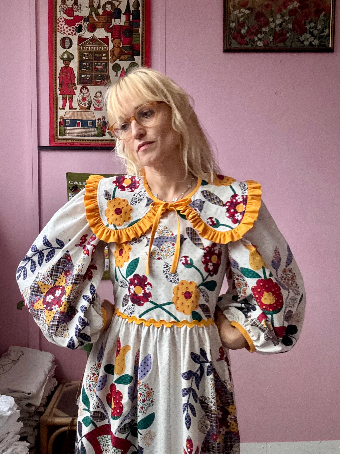 Floral dress with yellow ric rac and detachable collar