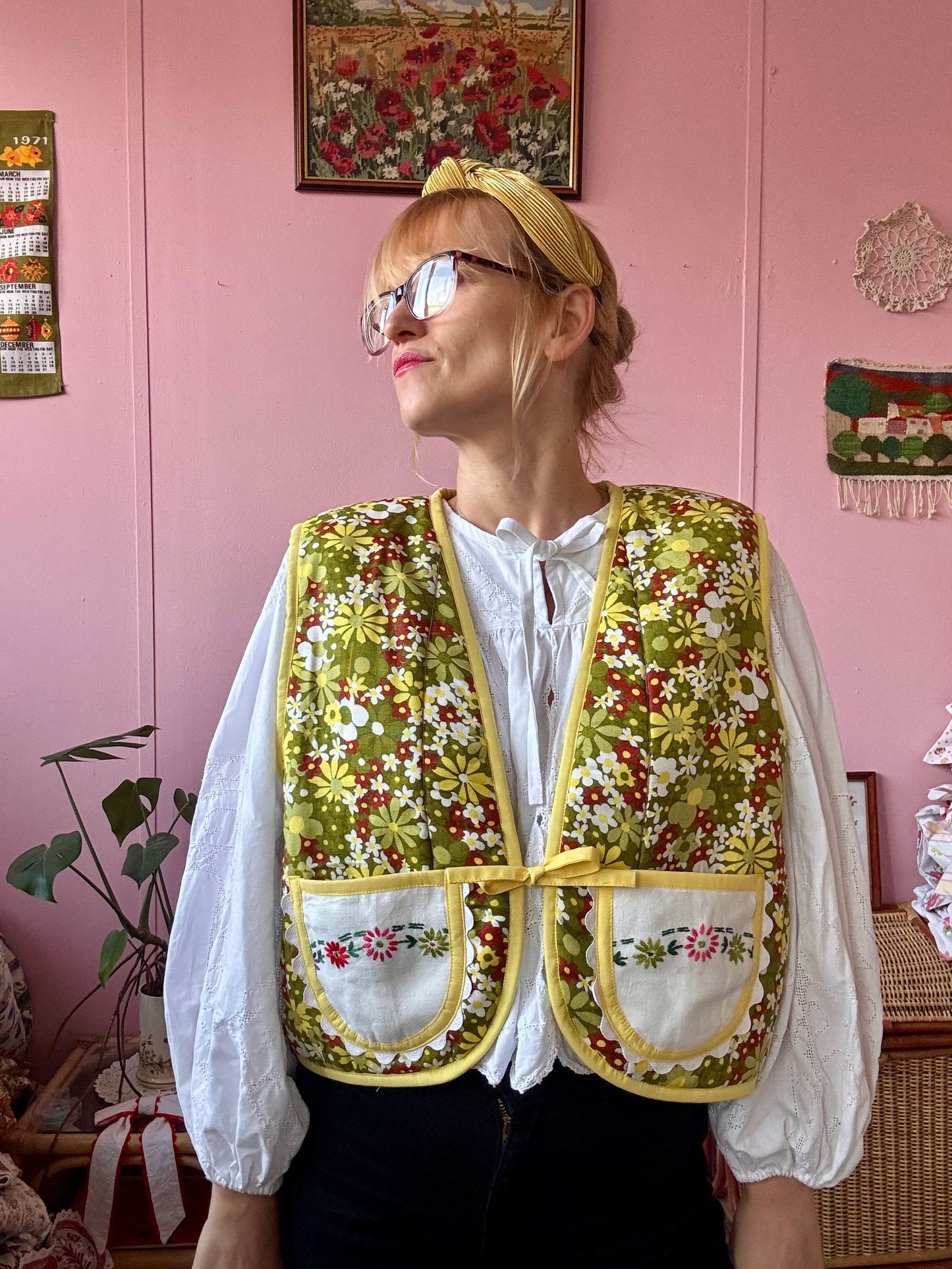 Green floral vest with pockets