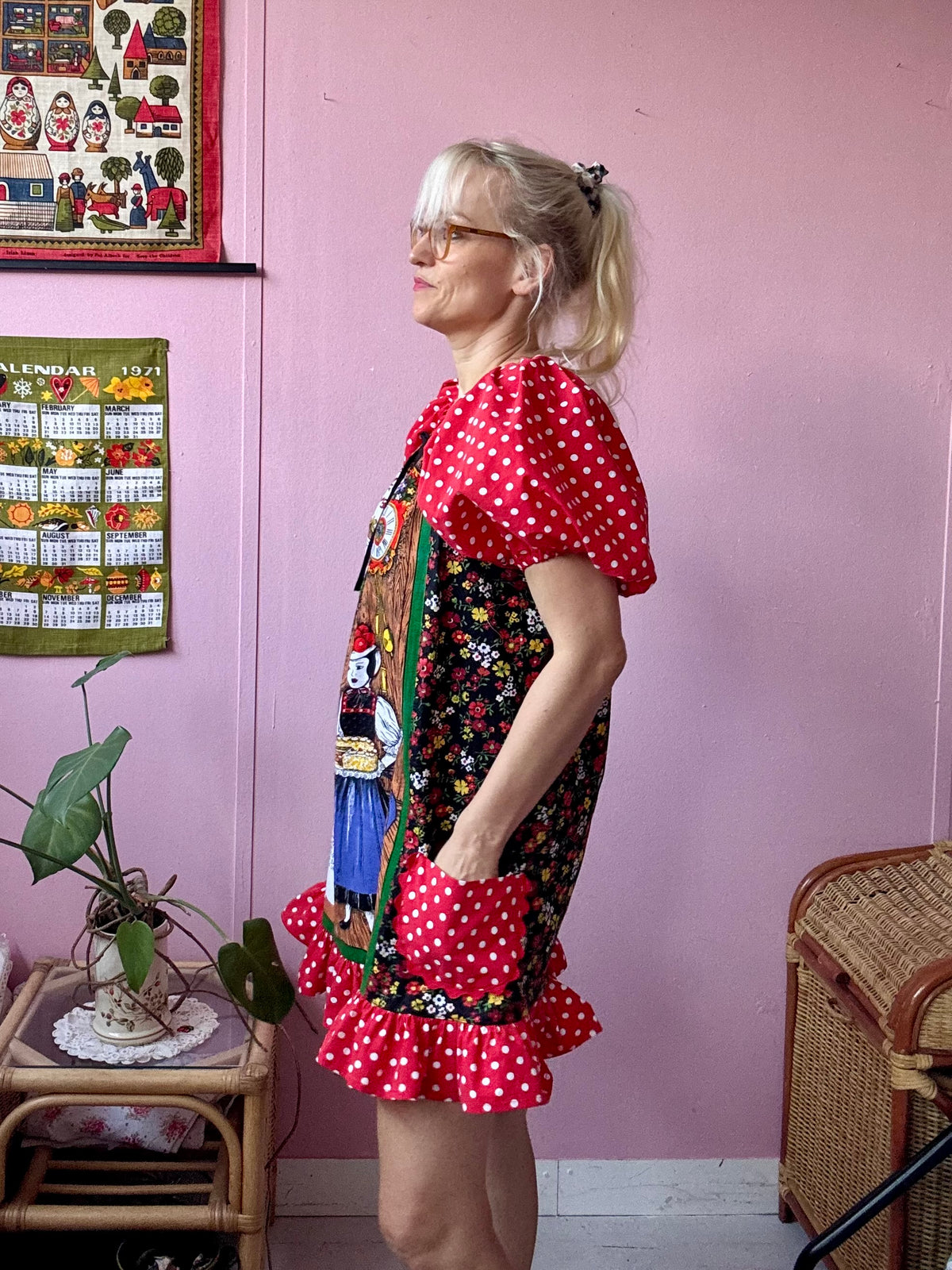 Vintage teatowel and polka dots short dress