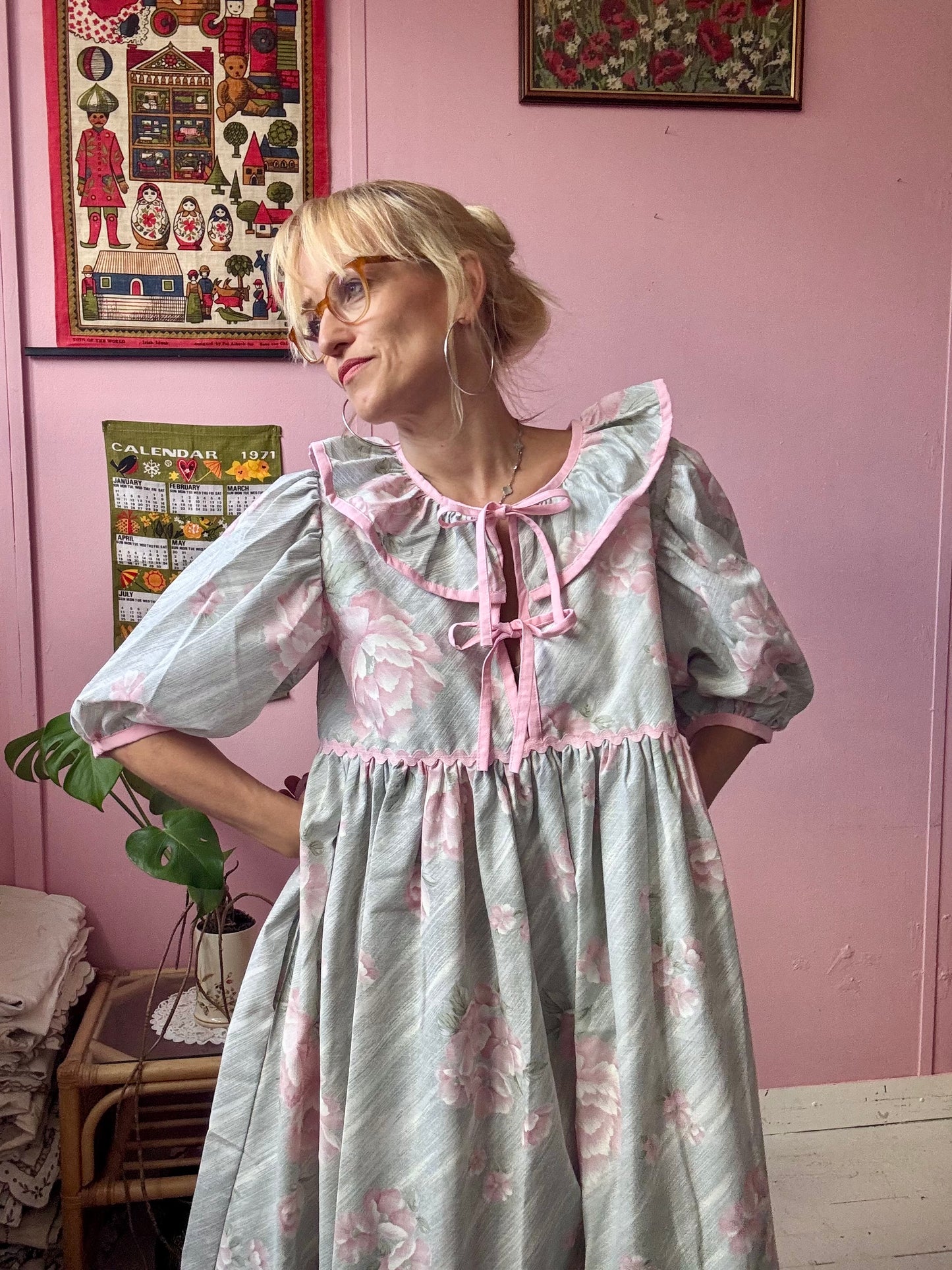 Pink/grey roses maxi dress