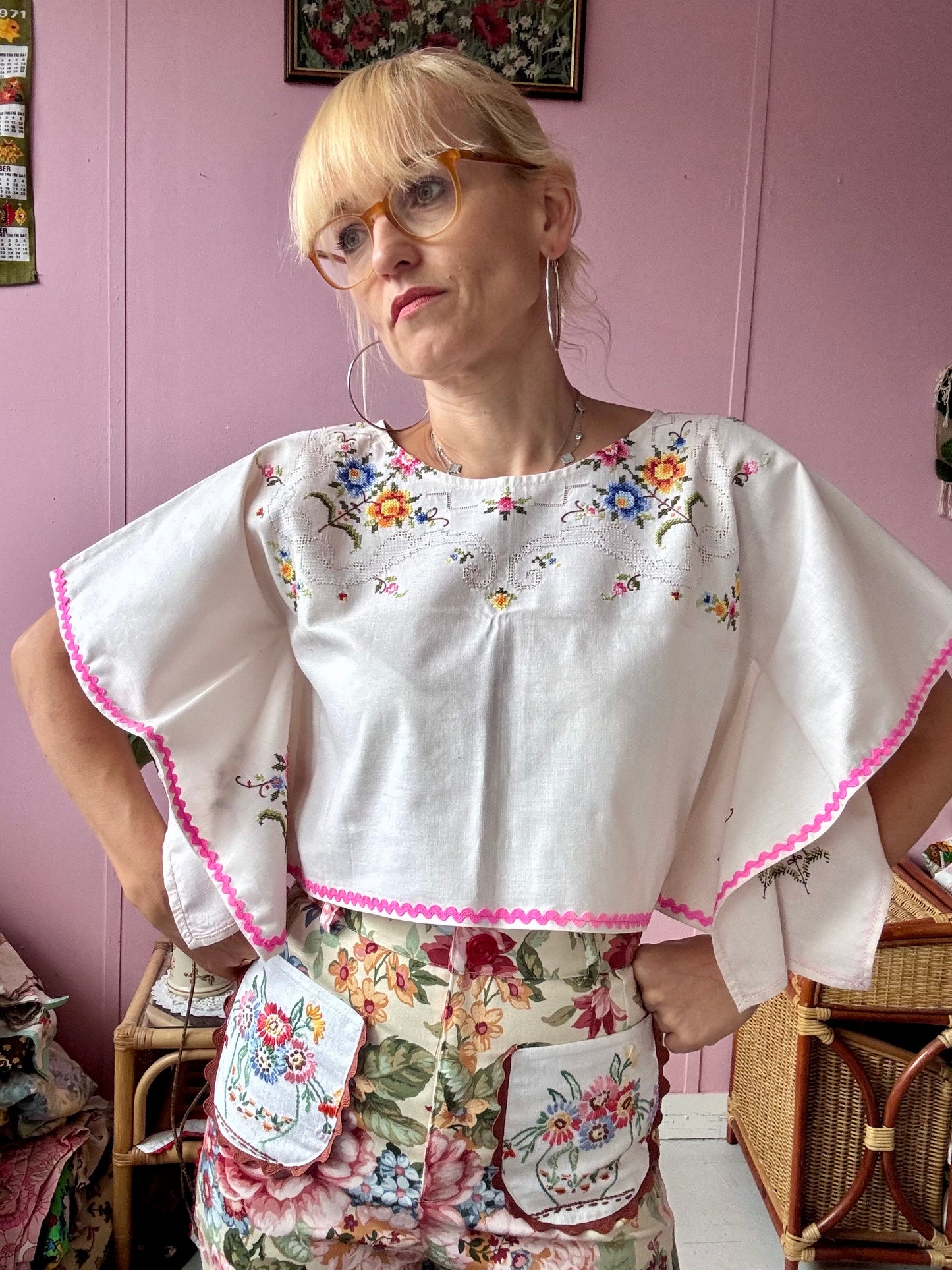 Cross stitch and pink ric rac basic top