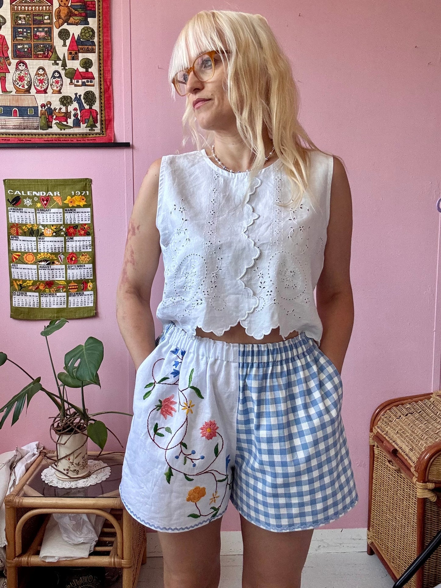 Blue gingham and floral shorts
