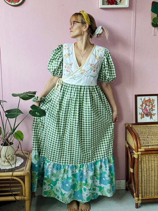 Wrap around dress with green gingham and embroidery