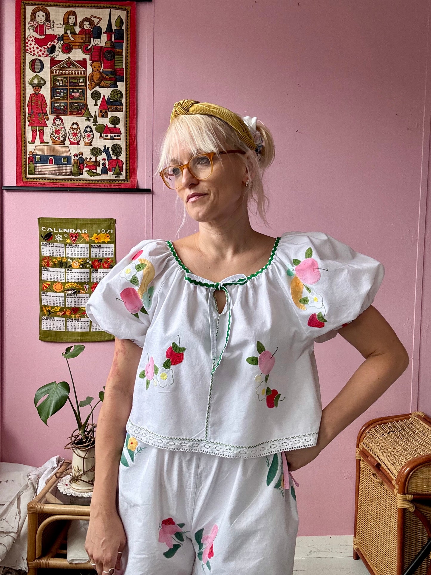 Fruity blouse with green ric rac