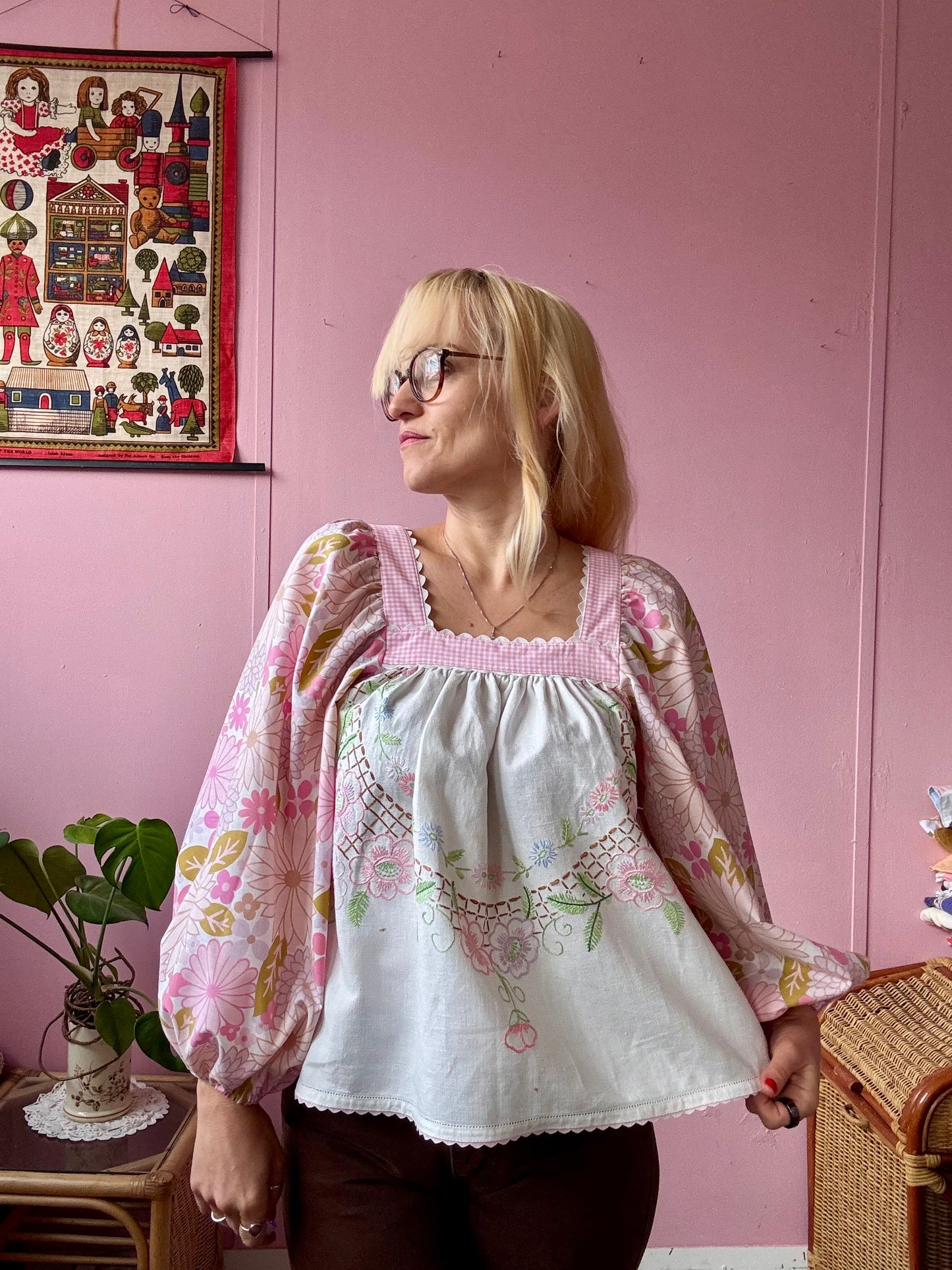 Pink floral and gingham blouse