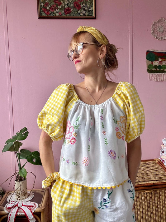 Yellow gingham and floral top