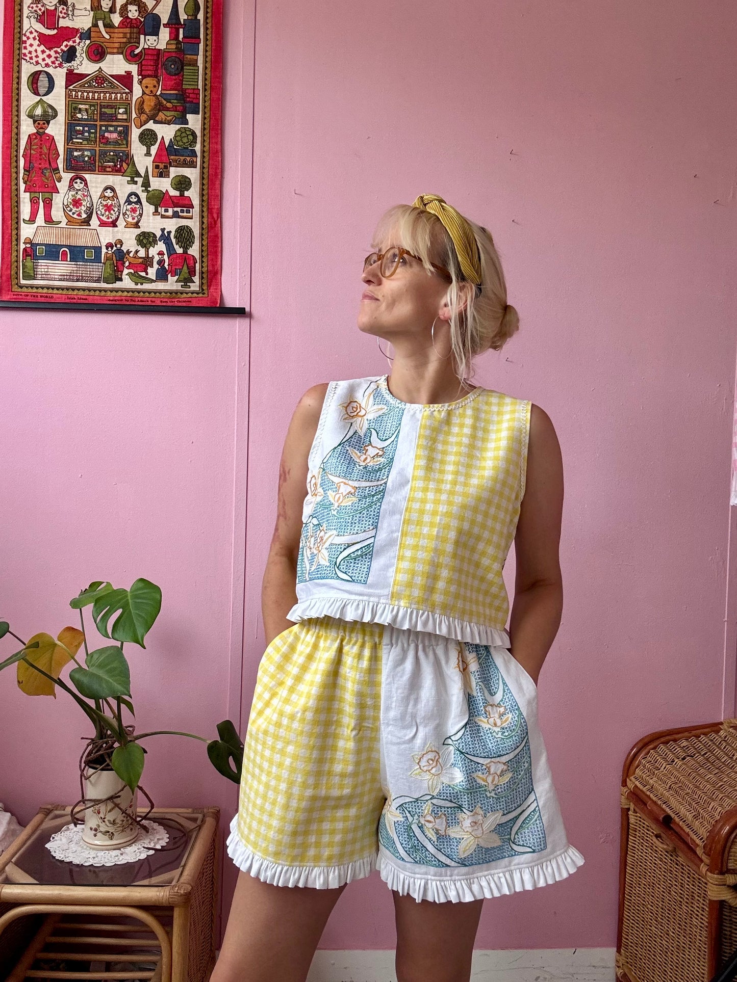Yellow gingham and floral shorts set