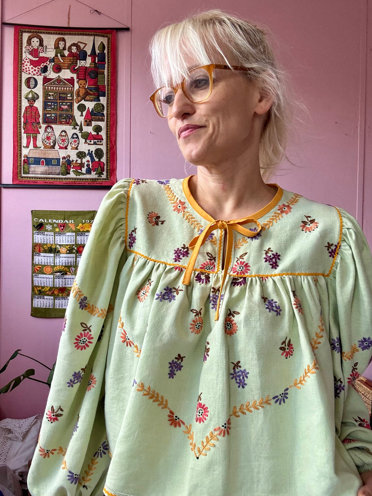 Green blouse with mustard yellow details