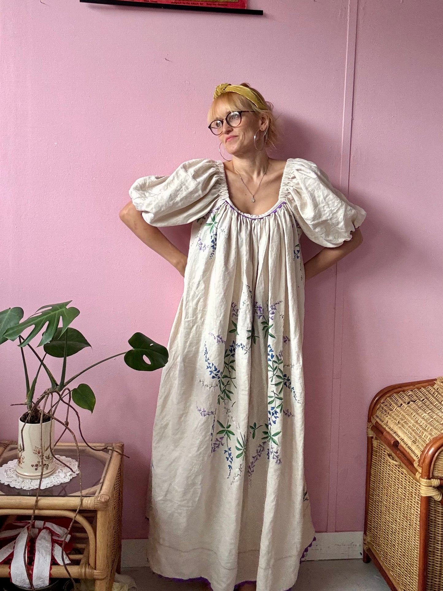 Cream linen maxi dress with purple flowers and ric rac