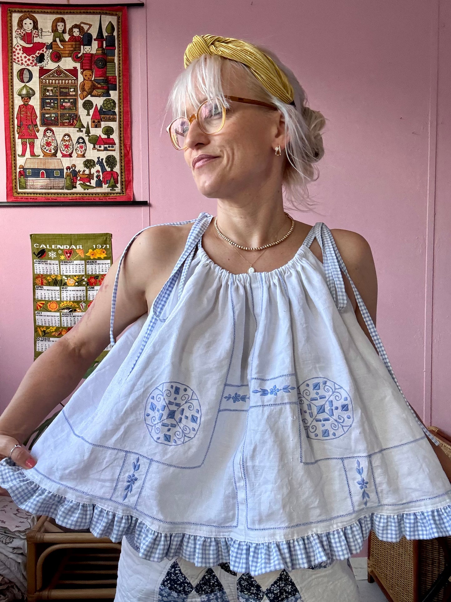White linen top with blue gingham frill