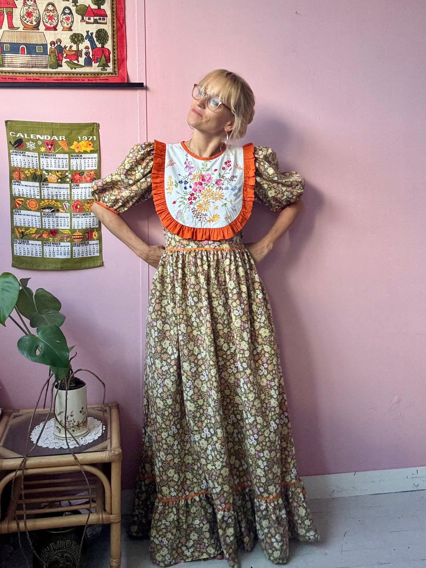 Floral maxi dress with orange frill