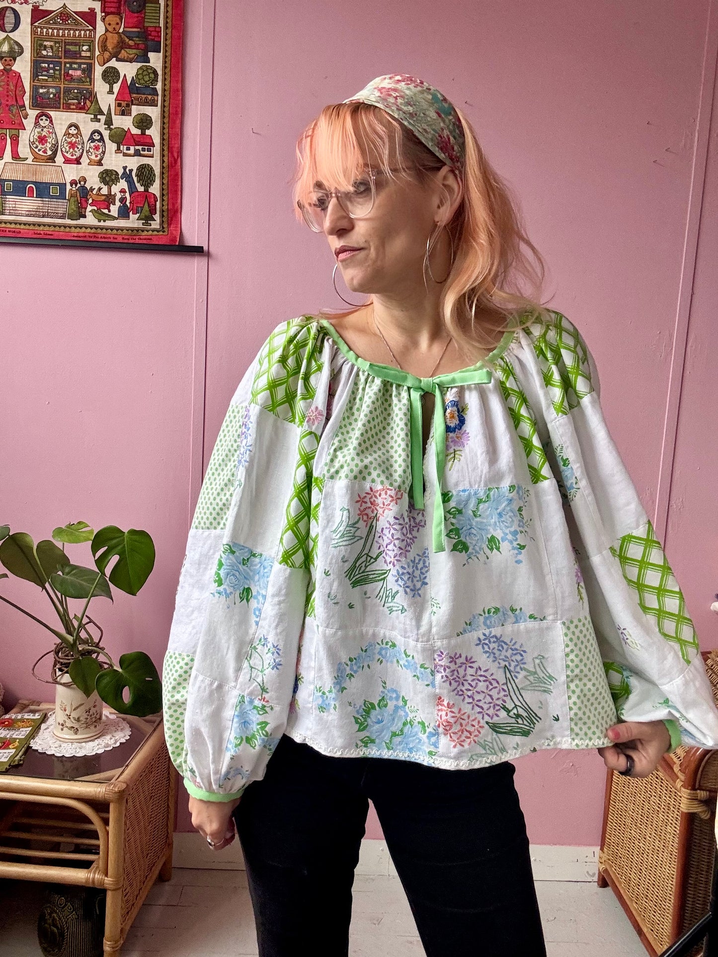Green patchwork blouse with long sleeves
