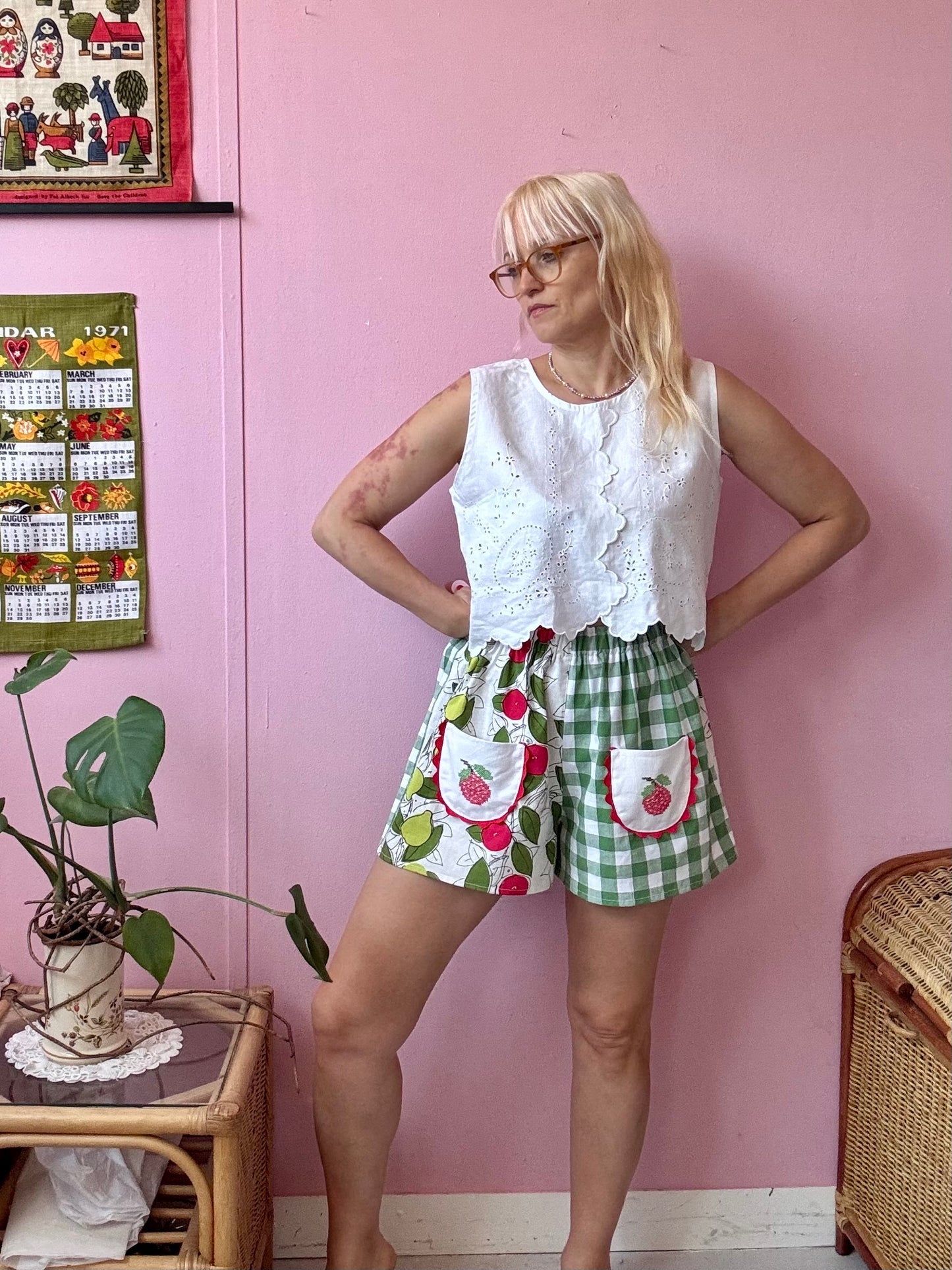 Green gingham and fruity shorts
