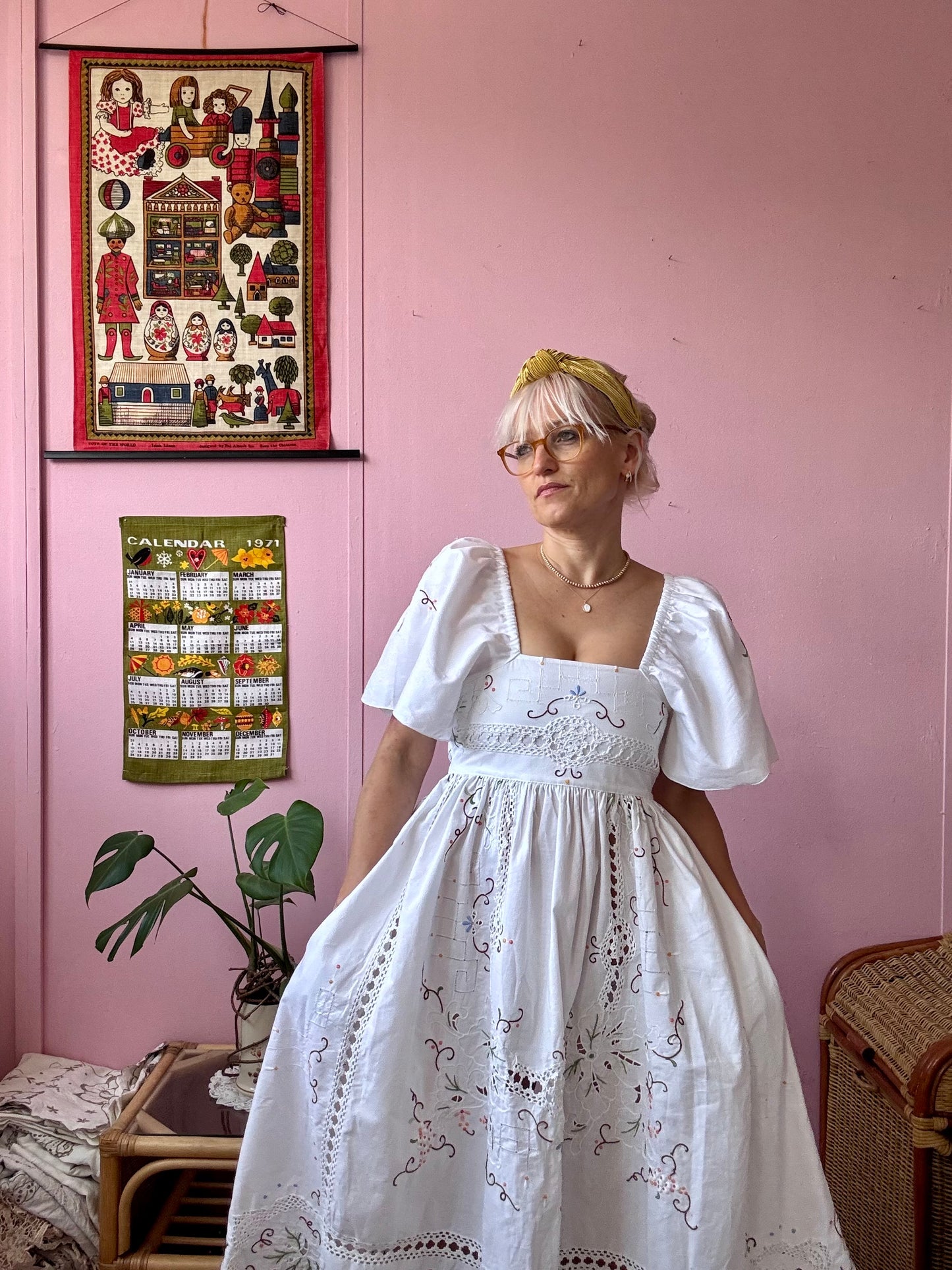 White maxi dress with embroidery and lace