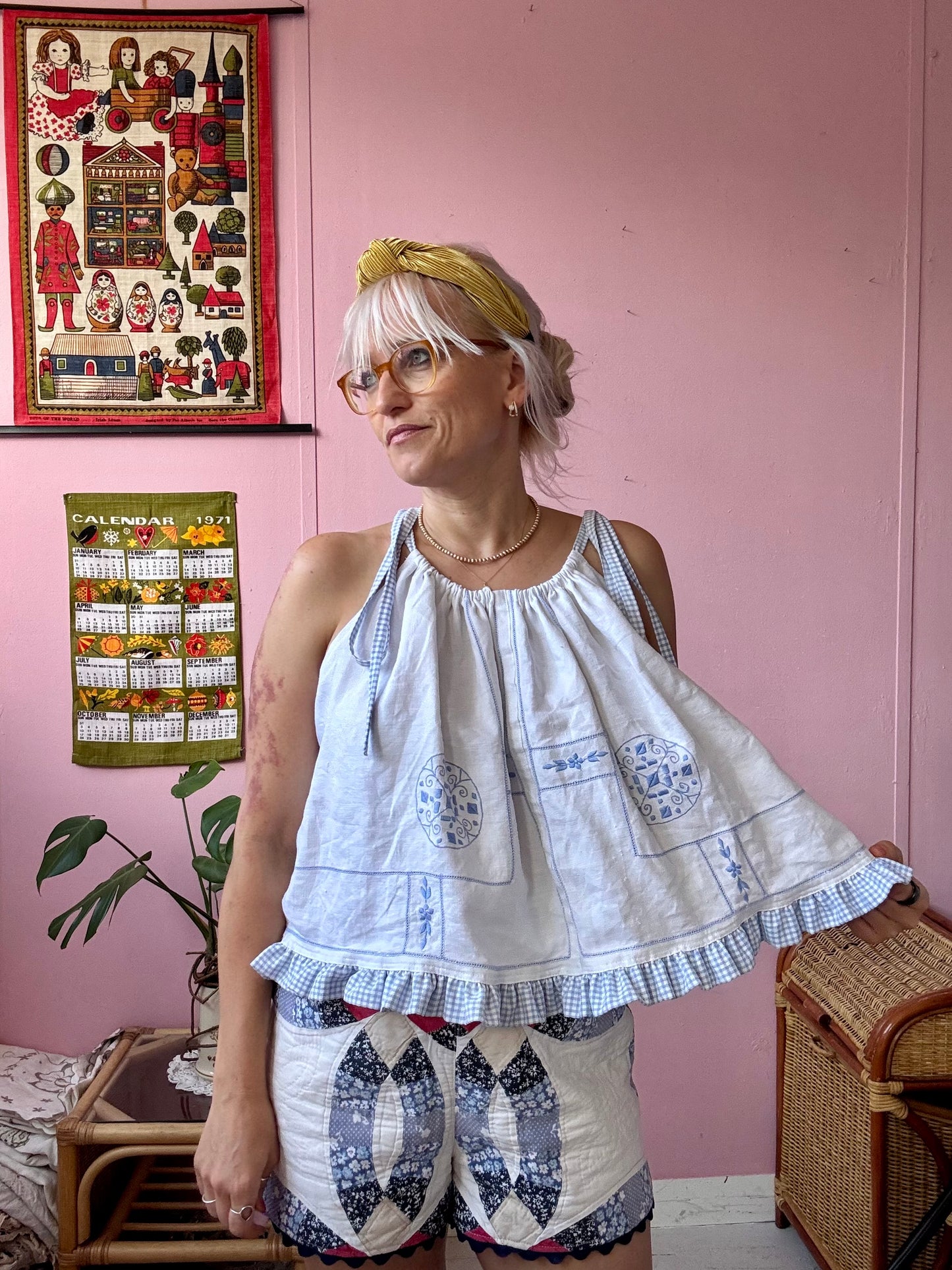 White linen top with blue gingham frill