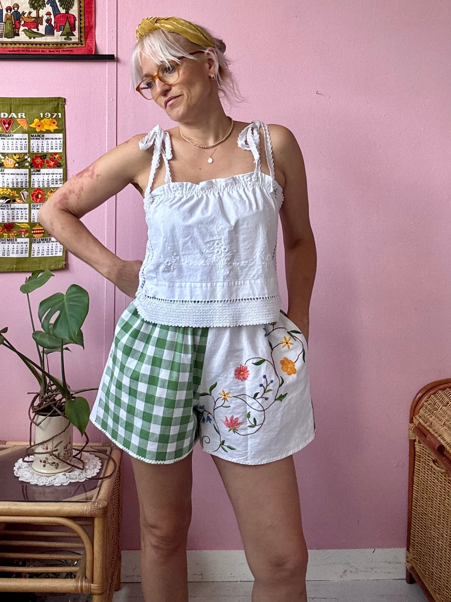 Green gingham and floral shorts