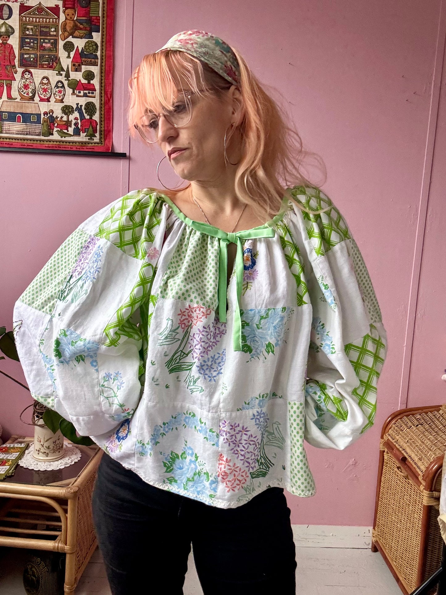 Green patchwork blouse with long sleeves