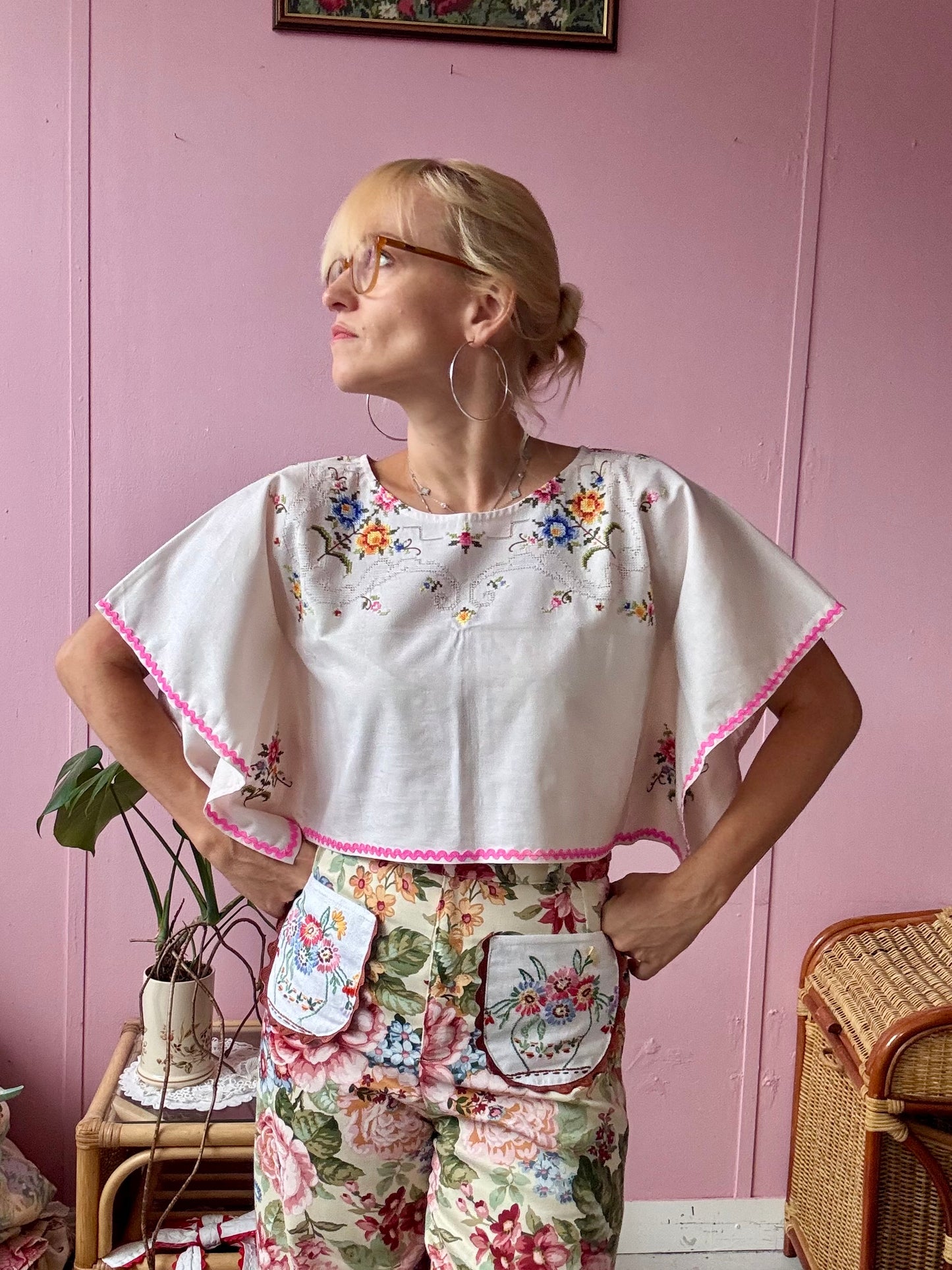 Cross stitch and pink ric rac basic top