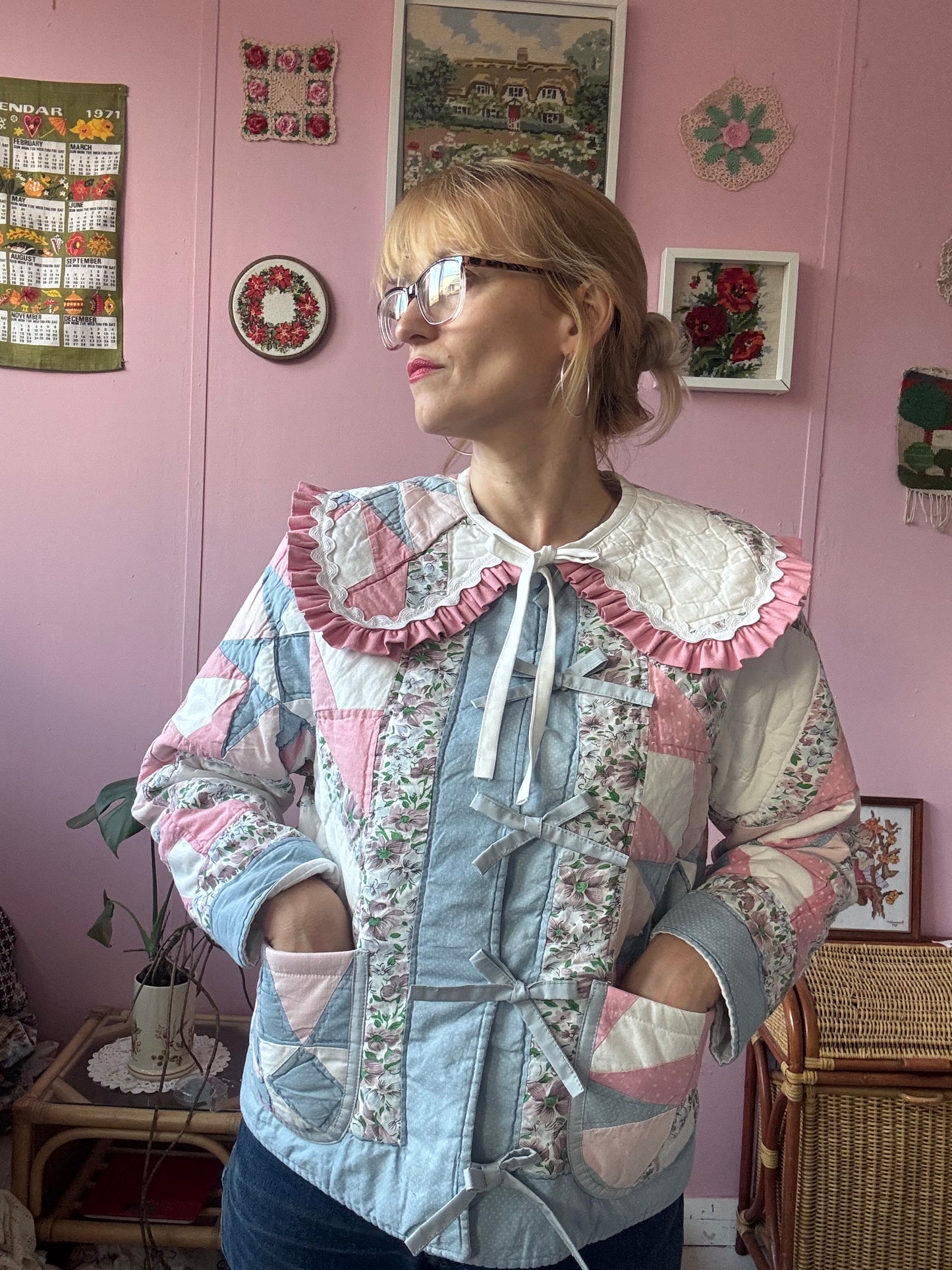 Pink/blue/white patchwork jacket