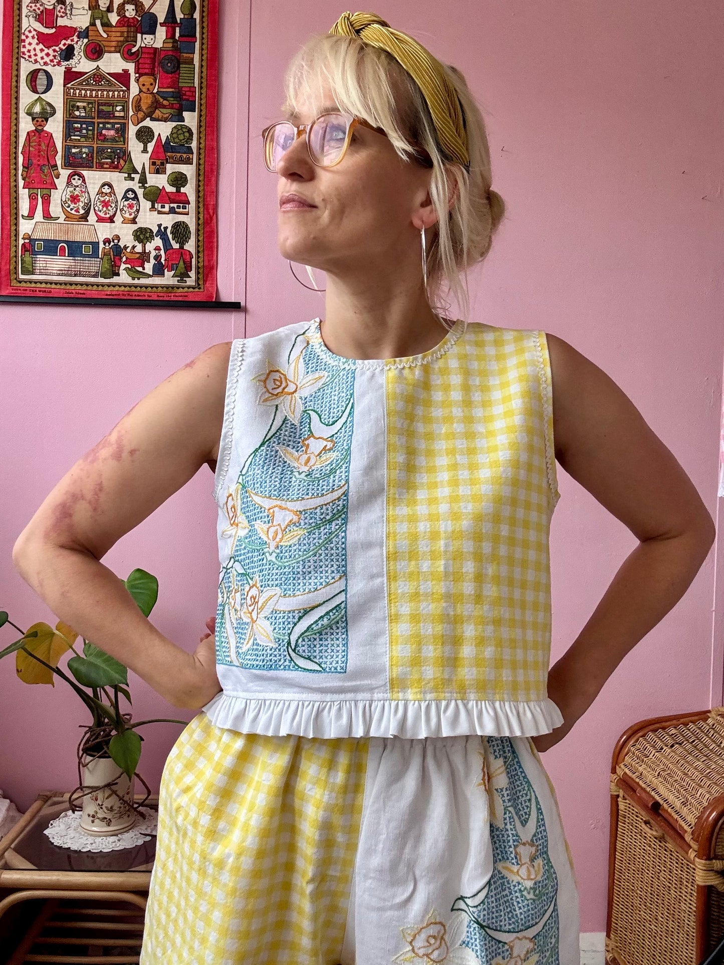 Yellow gingham and floral shorts set