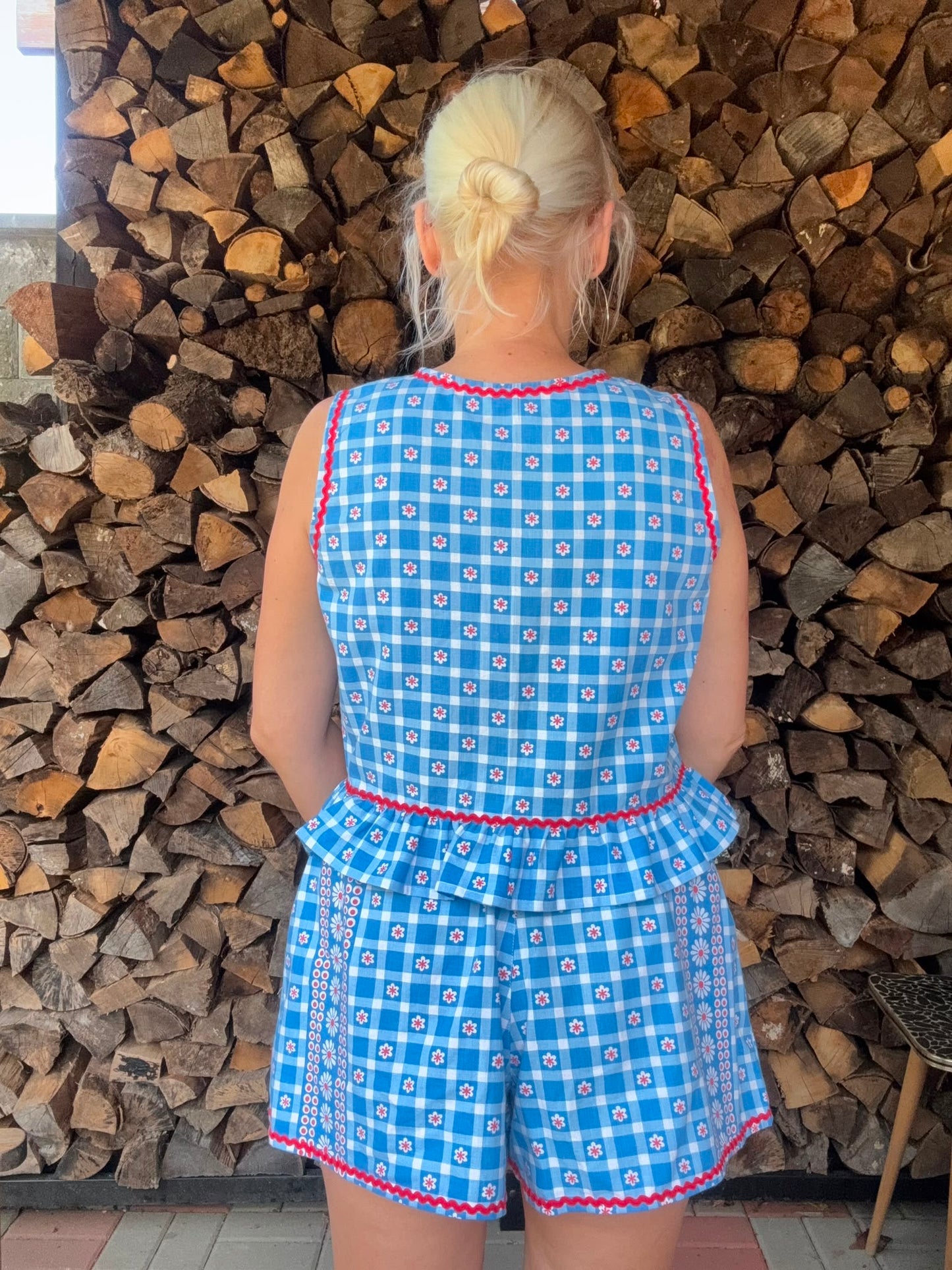 Blue and white shorts set with red ric rac