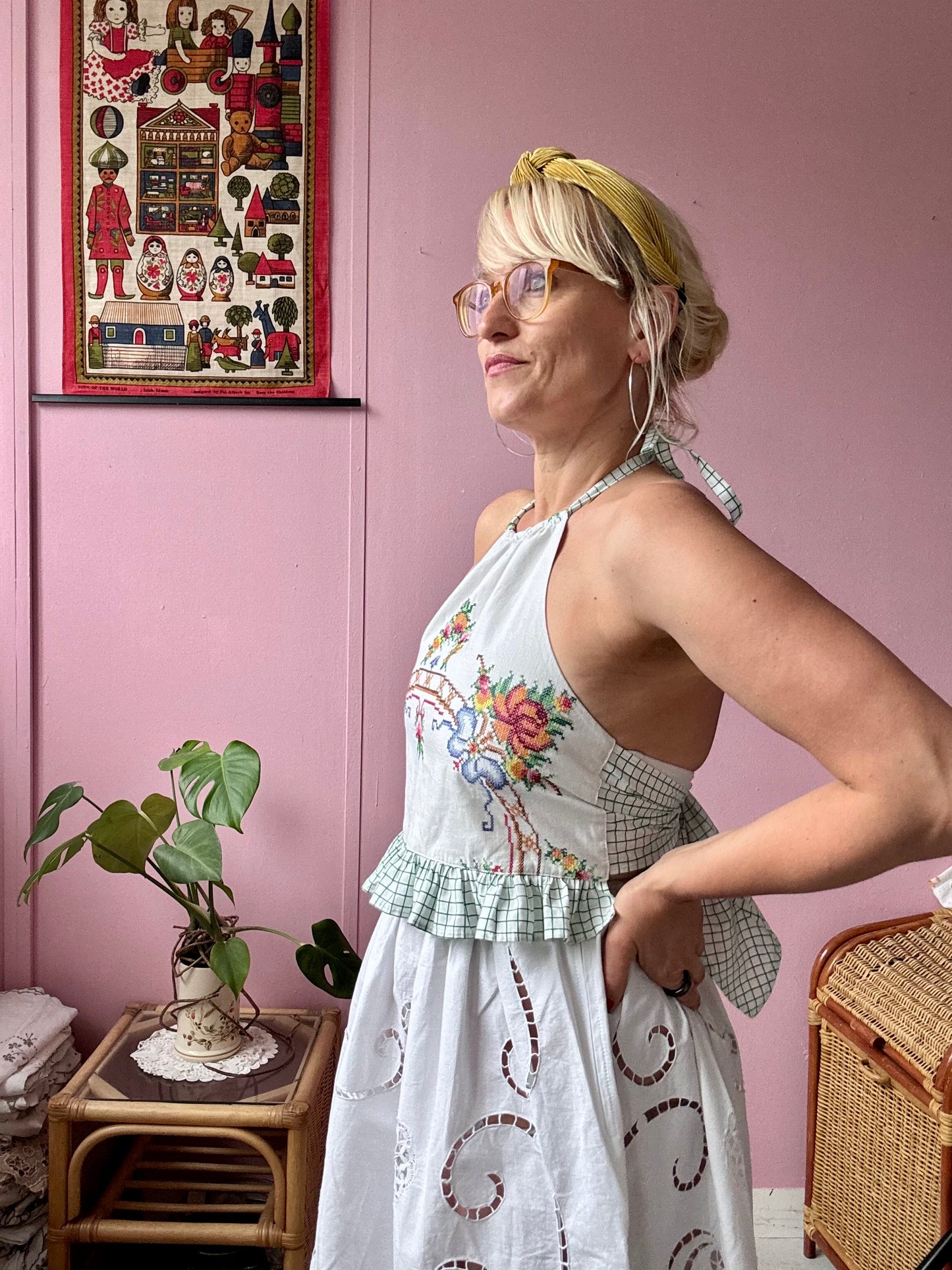 Cross stitch halter neck with green check back ties and frill