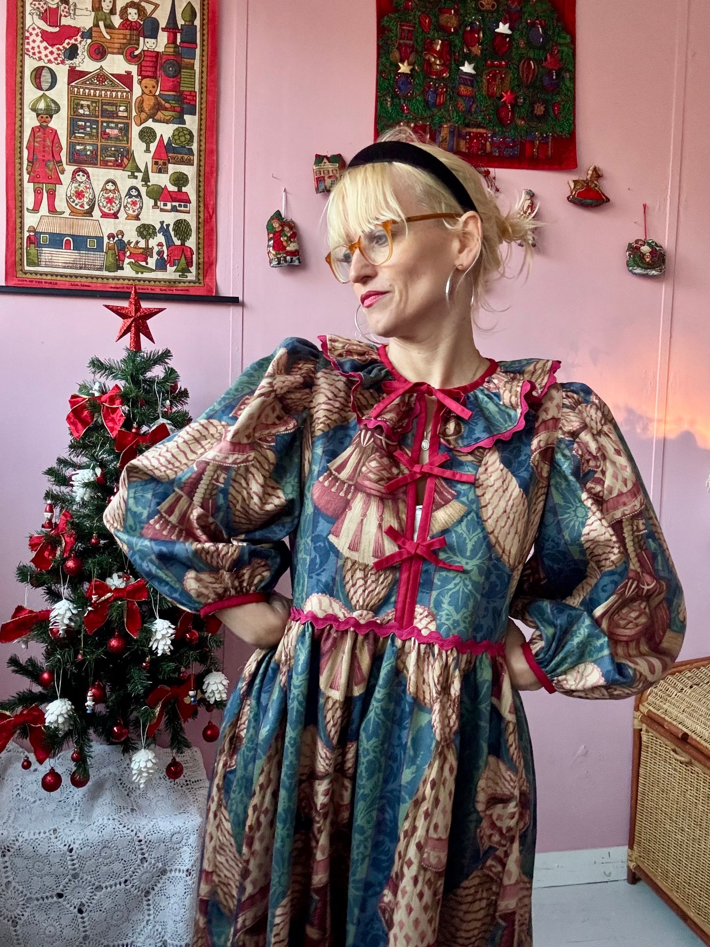 Christmas themed maxi dress with long sleeves and burgundy trims